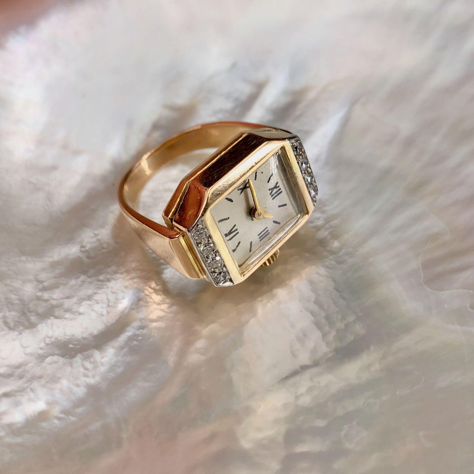 Franzsischer 1930er Diamanten 18 Karat Gelbgold Uhrenring im Angebot 10
