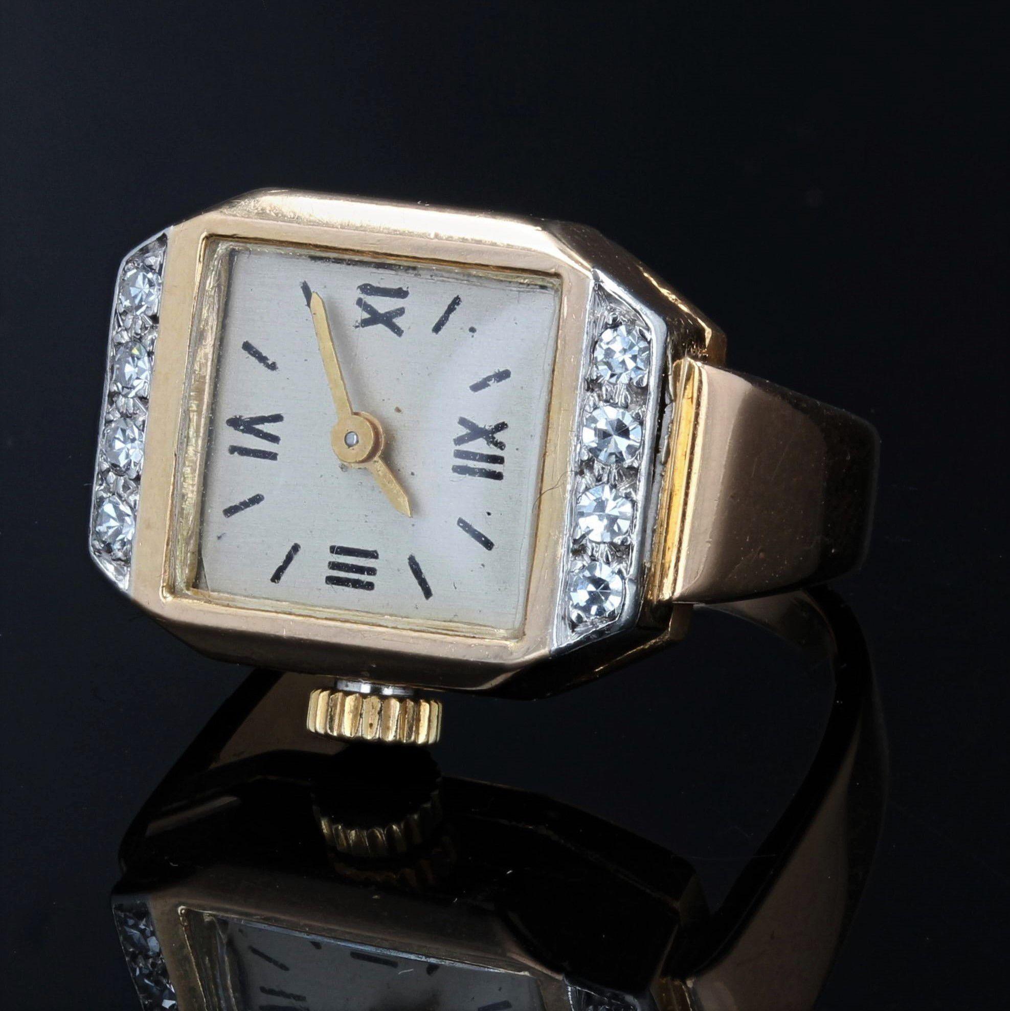 Franzsischer 1930er Diamanten 18 Karat Gelbgold Uhrenring (Französischer Schliff) im Angebot