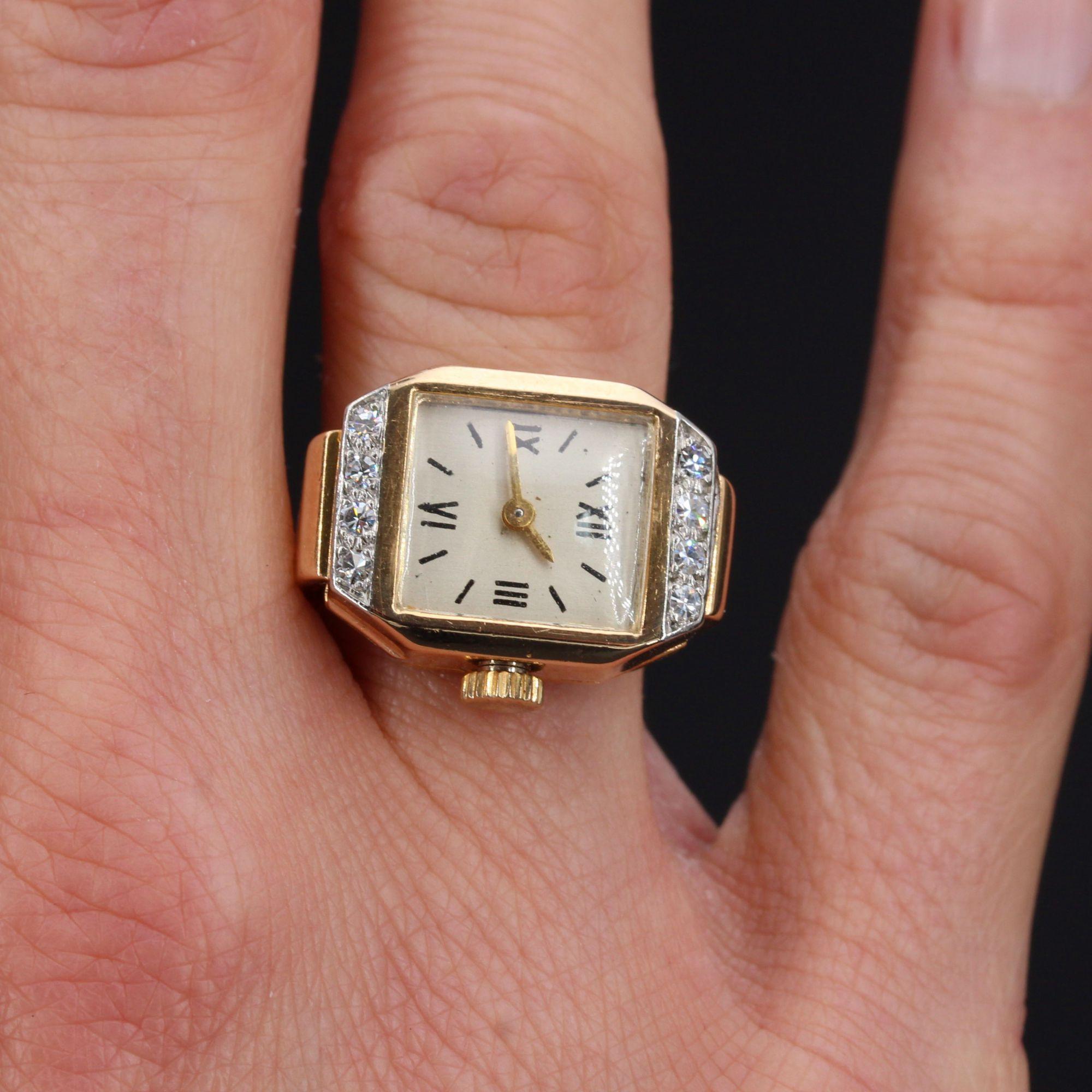 Art Deco French 1930s Diamonds 18 Karat Yellow Gold Watch Ring For Sale