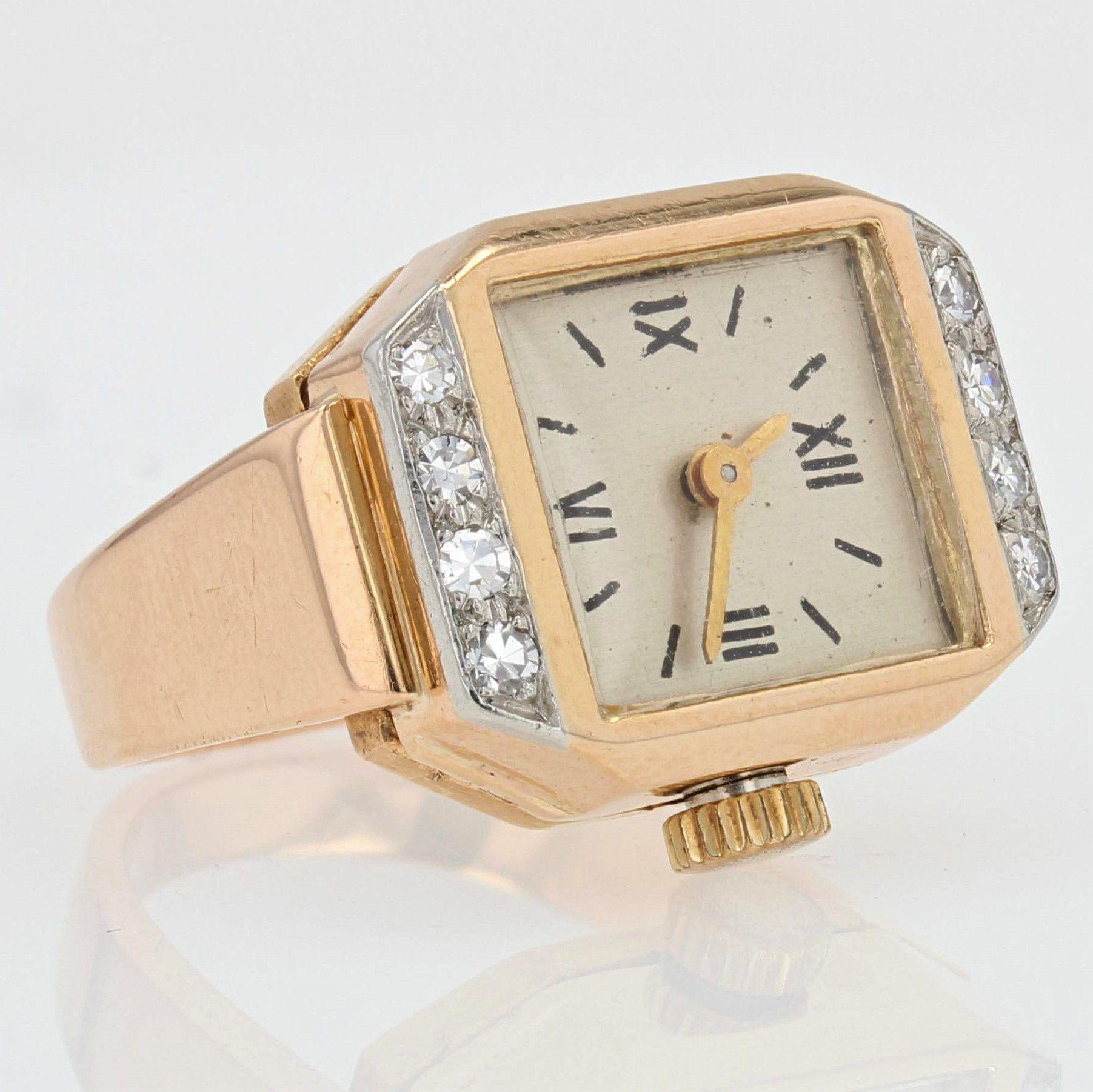 French Cut French 1930s Diamonds 18 Karat Yellow Gold Watch Ring For Sale