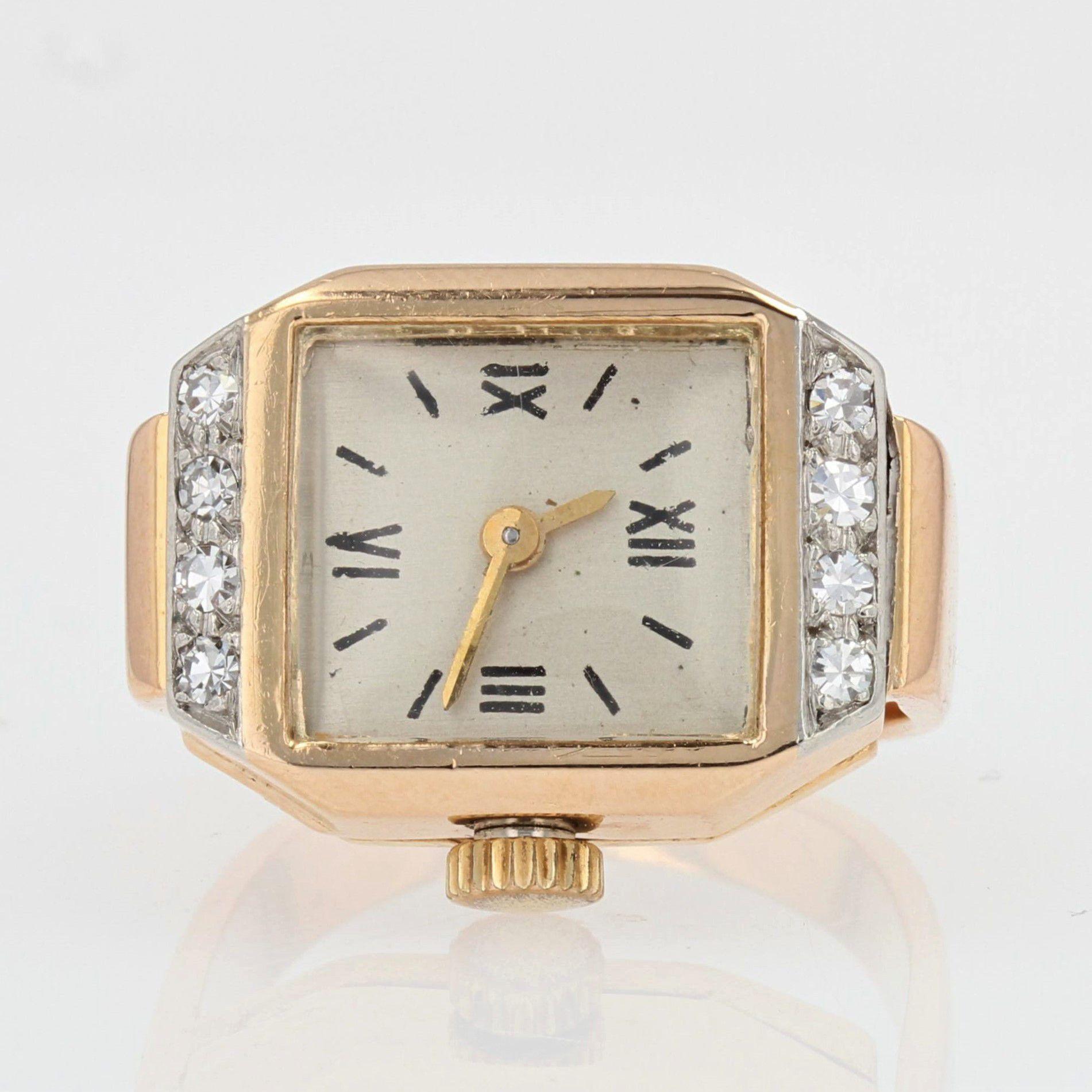 French 1930s Diamonds 18 Karat Yellow Gold Watch Ring In Good Condition For Sale In Poitiers, FR