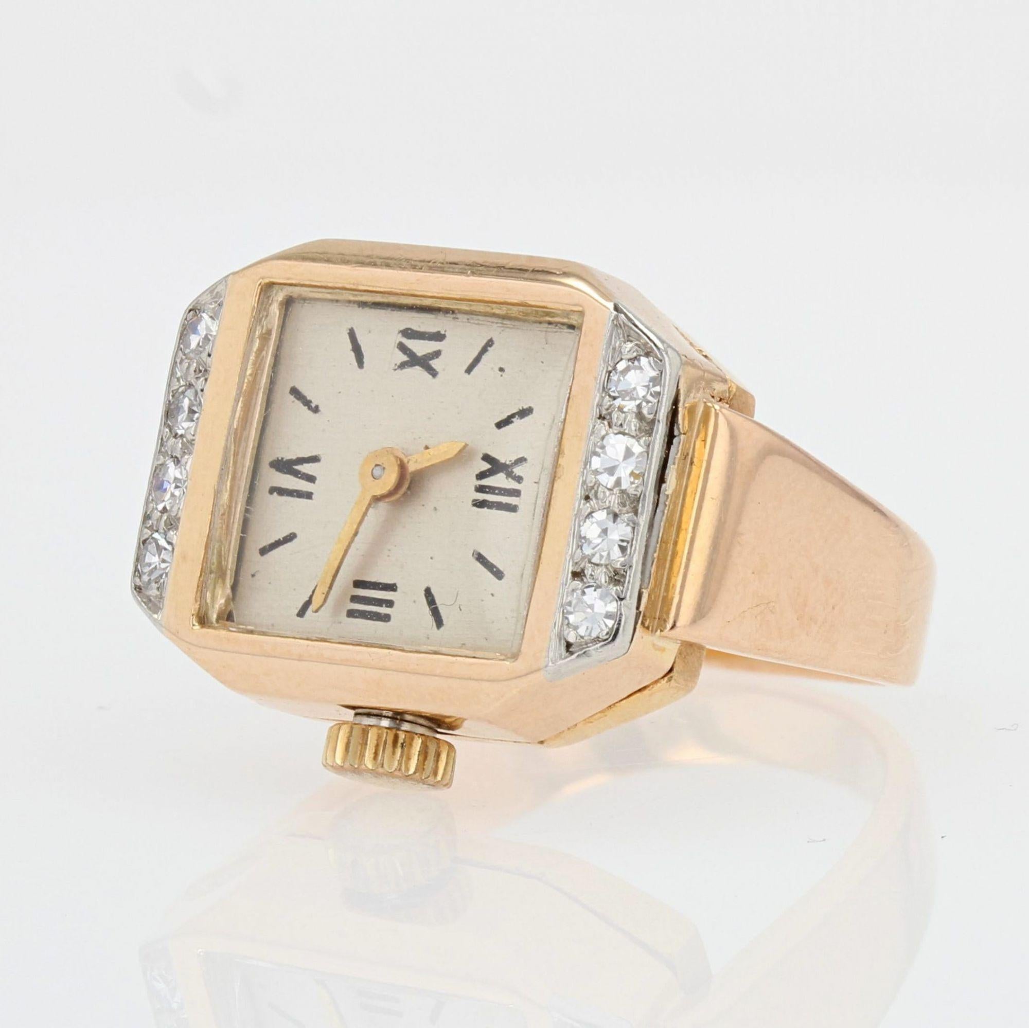 Women's French 1930s Diamonds 18 Karat Yellow Gold Watch Ring For Sale
