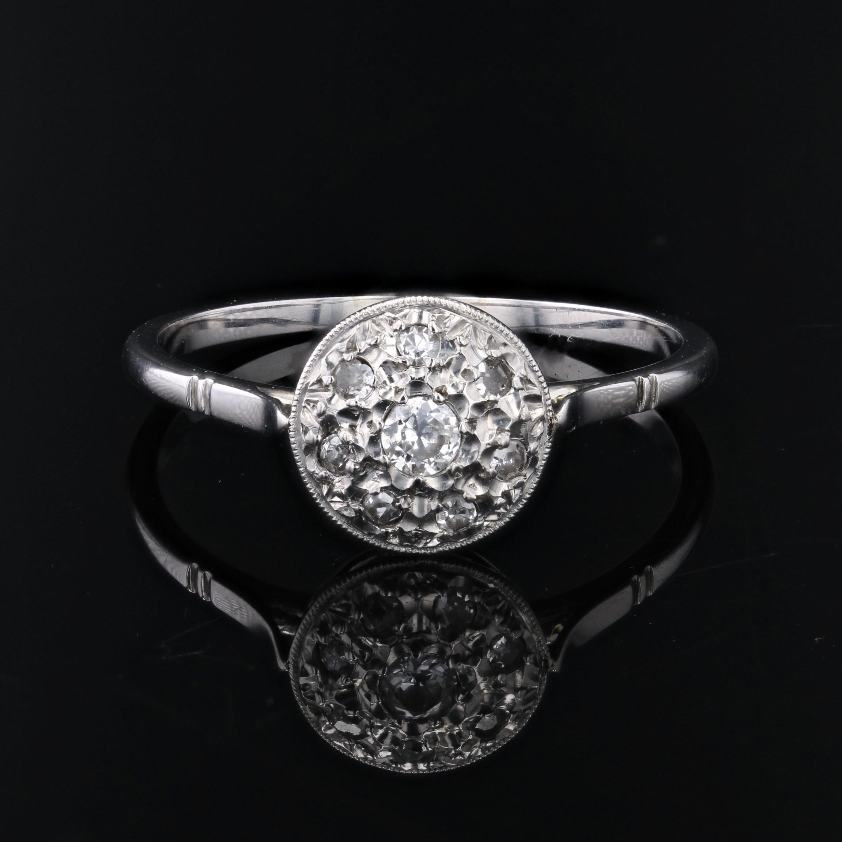Art Deco French 1930s Diamonds Pavement 18 karat White Gold Platinum Round Shape Ring For Sale