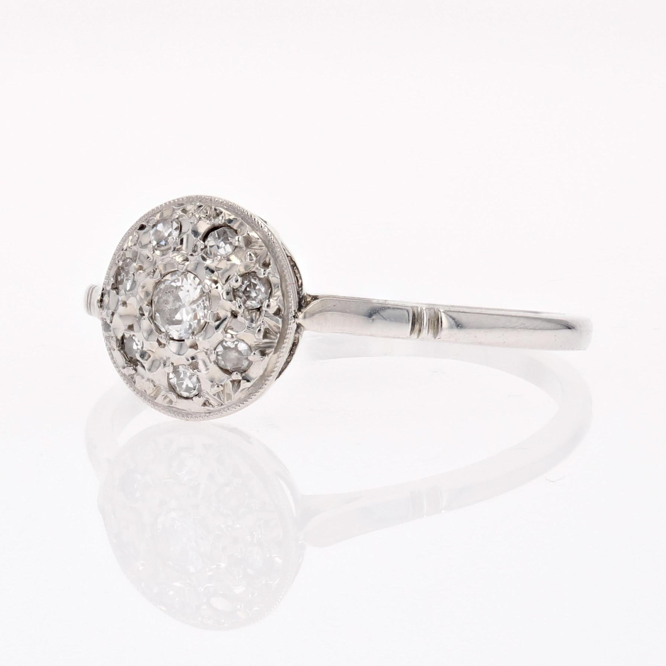 Women's French 1930s Diamonds Pavement 18 karat White Gold Platinum Round Shape Ring For Sale