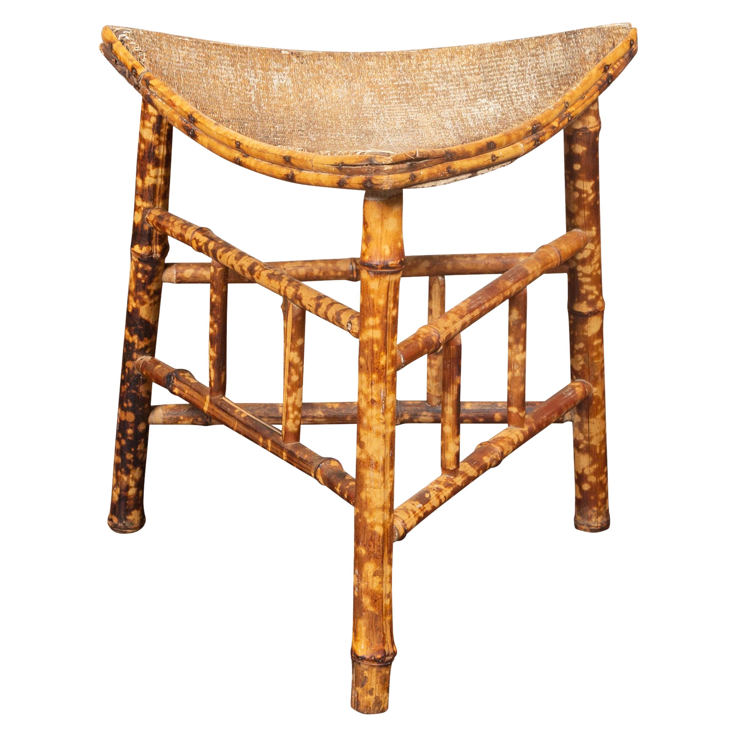 French 1930s Egyptian Revival Faux Bamboo Thebes Stool with Curving Rattan Seat