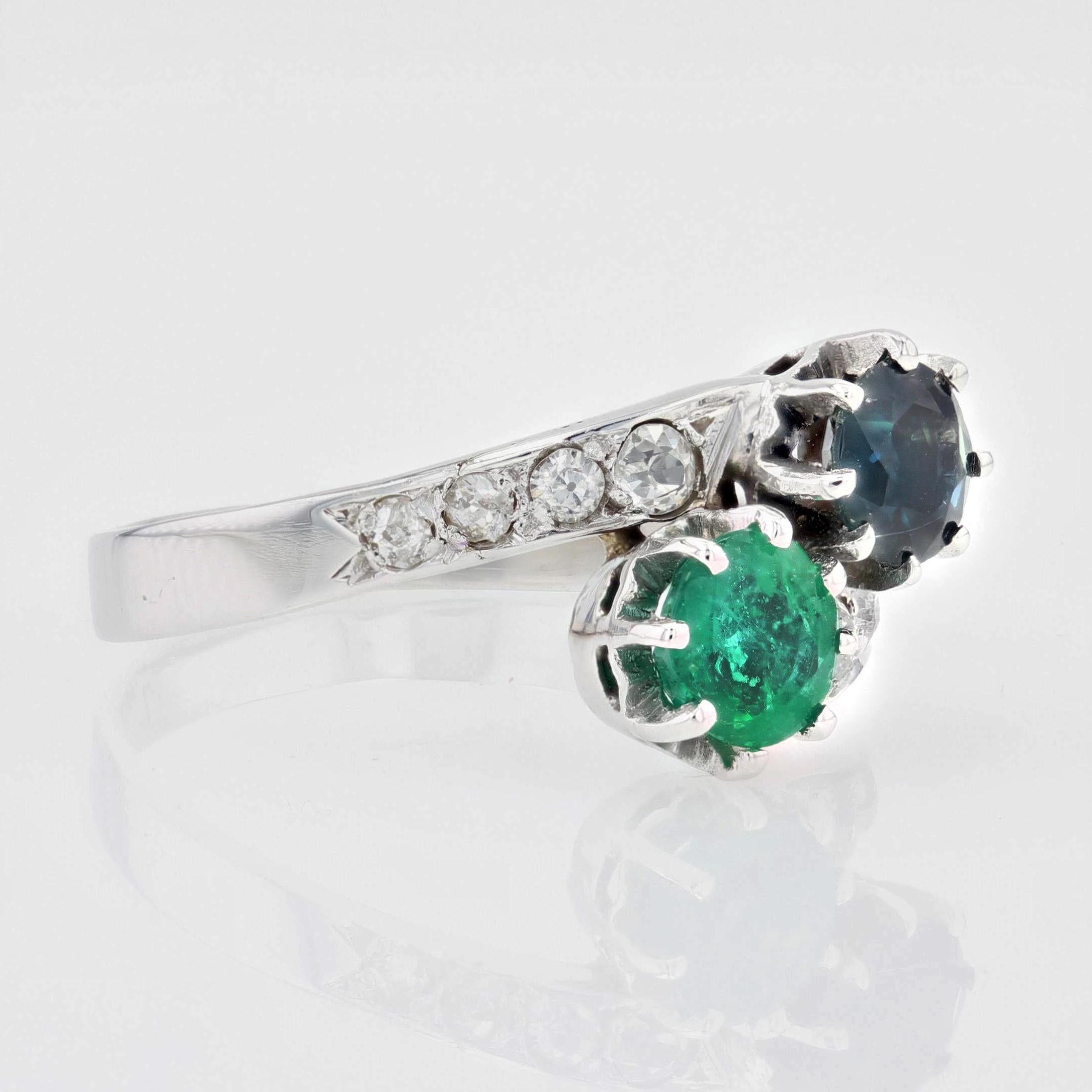 French 1930s Emerald Sapphire Diamonds 18 Karat White Gold You and Me Ring For Sale 4