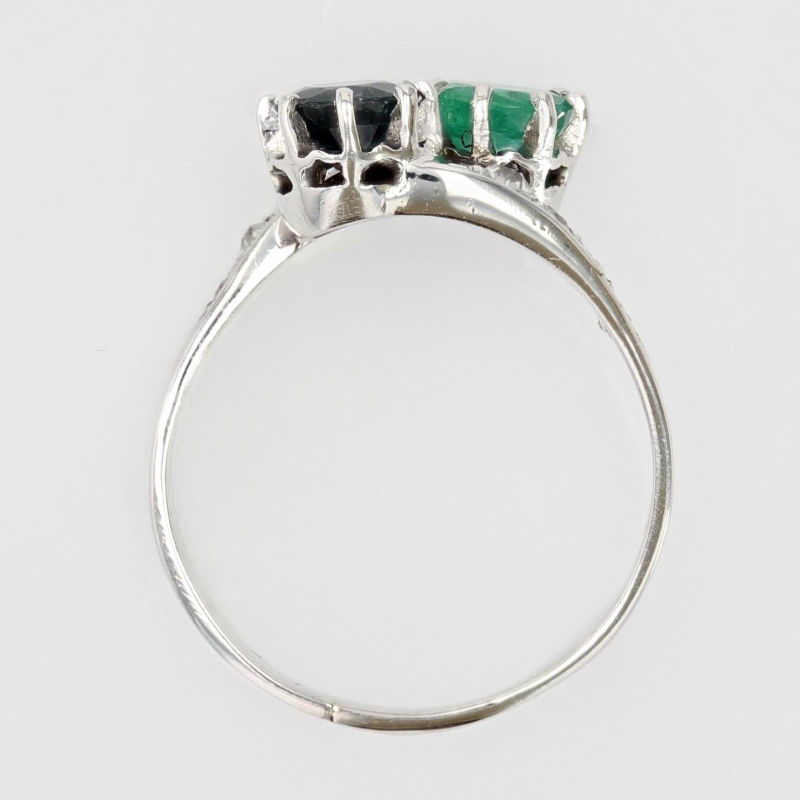 French 1930s Emerald Sapphire Diamonds 18 Karat White Gold You and Me Ring For Sale 9
