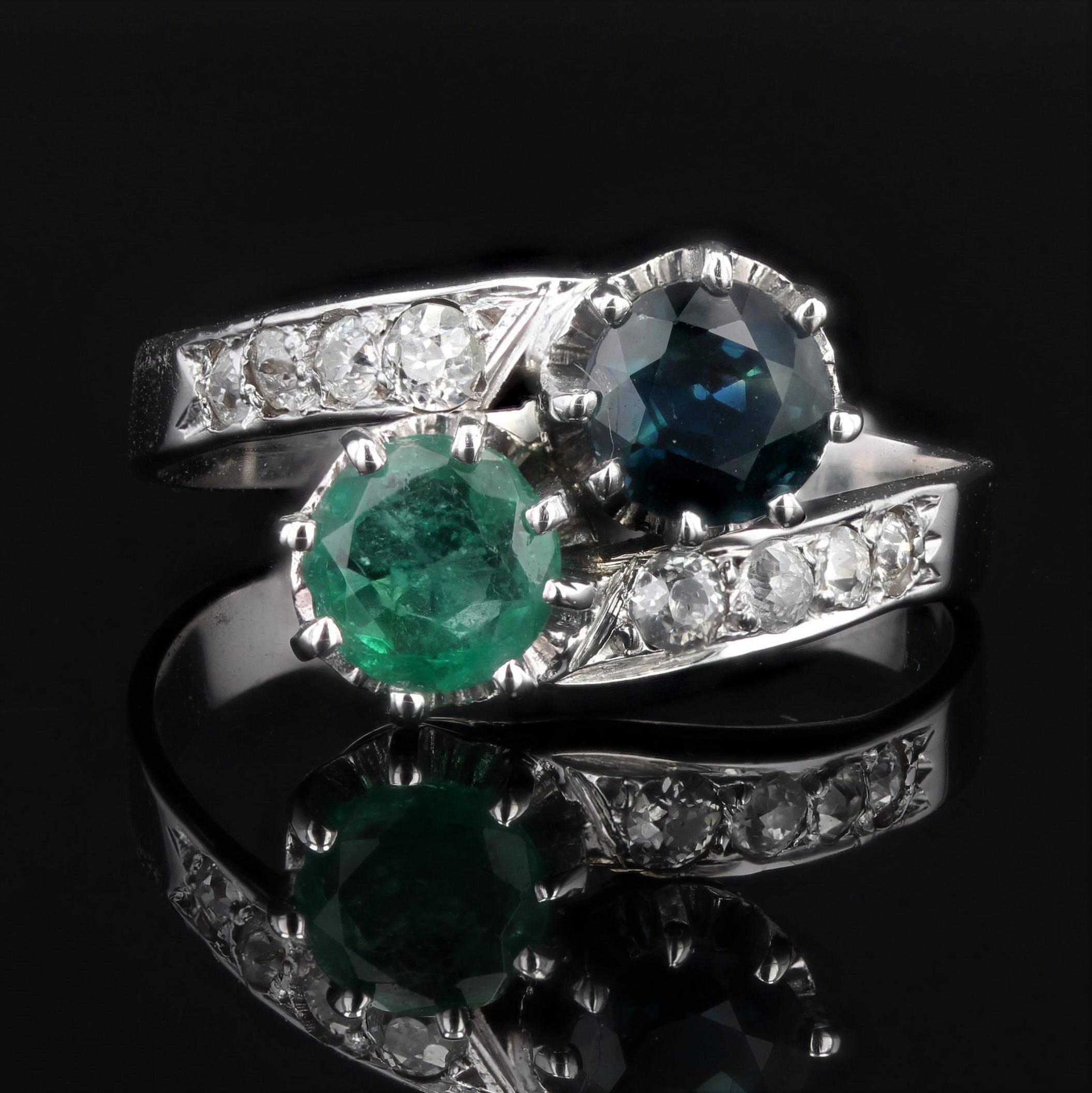 Art Deco French 1930s Emerald Sapphire Diamonds 18 Karat White Gold You and Me Ring