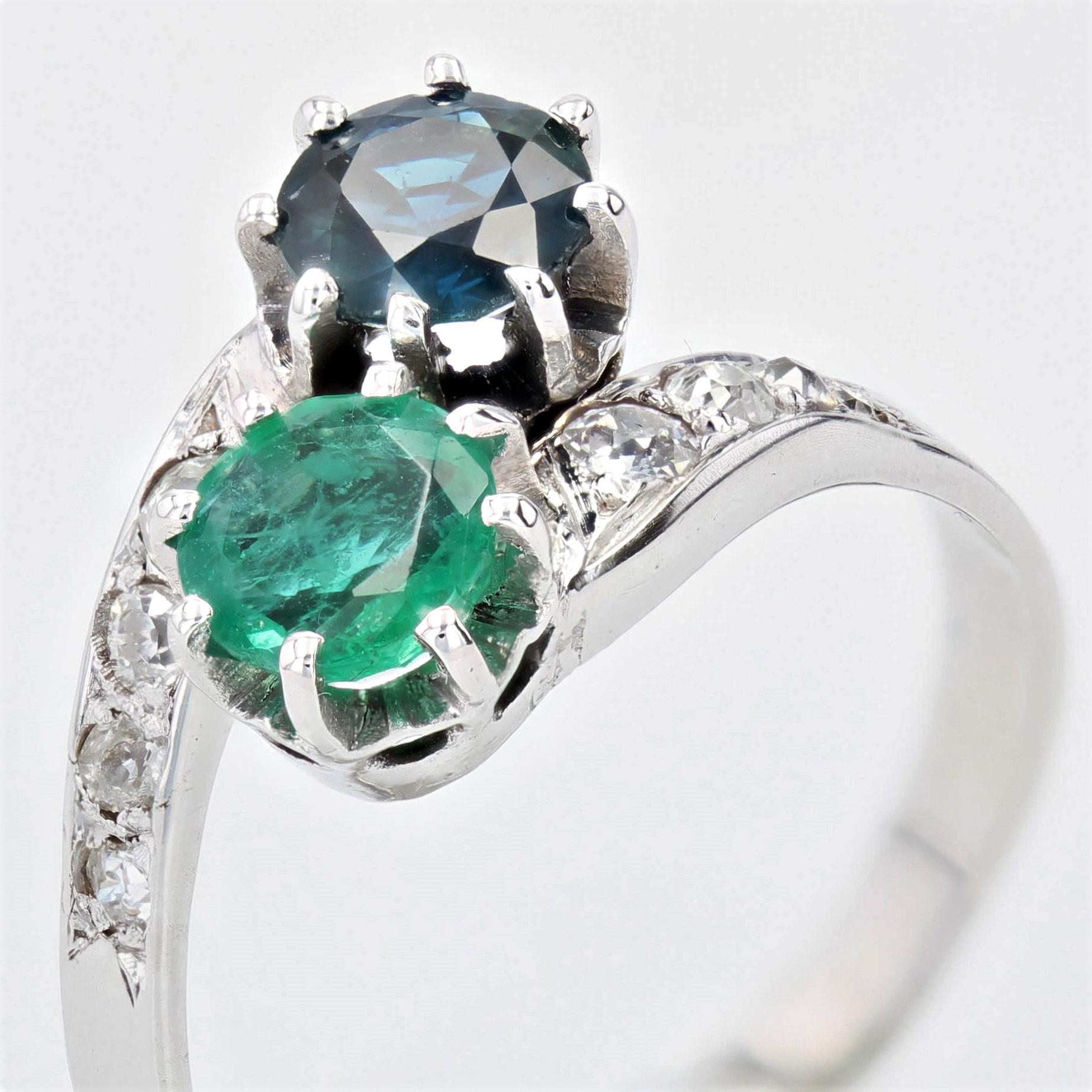 Women's French 1930s Emerald Sapphire Diamonds 18 Karat White Gold You and Me Ring For Sale
