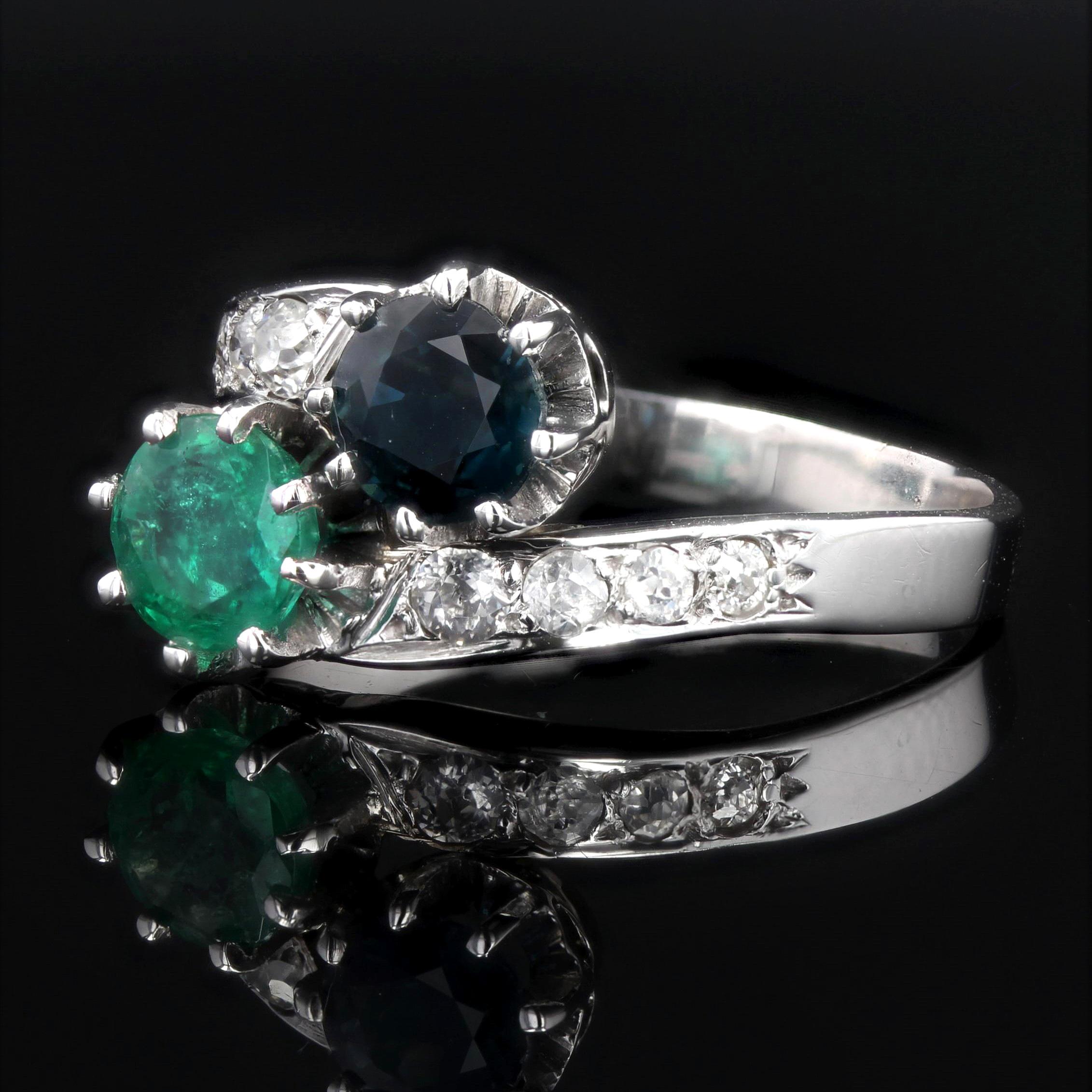 French 1930s Emerald Sapphire Diamonds 18 Karat White Gold You and Me Ring 1