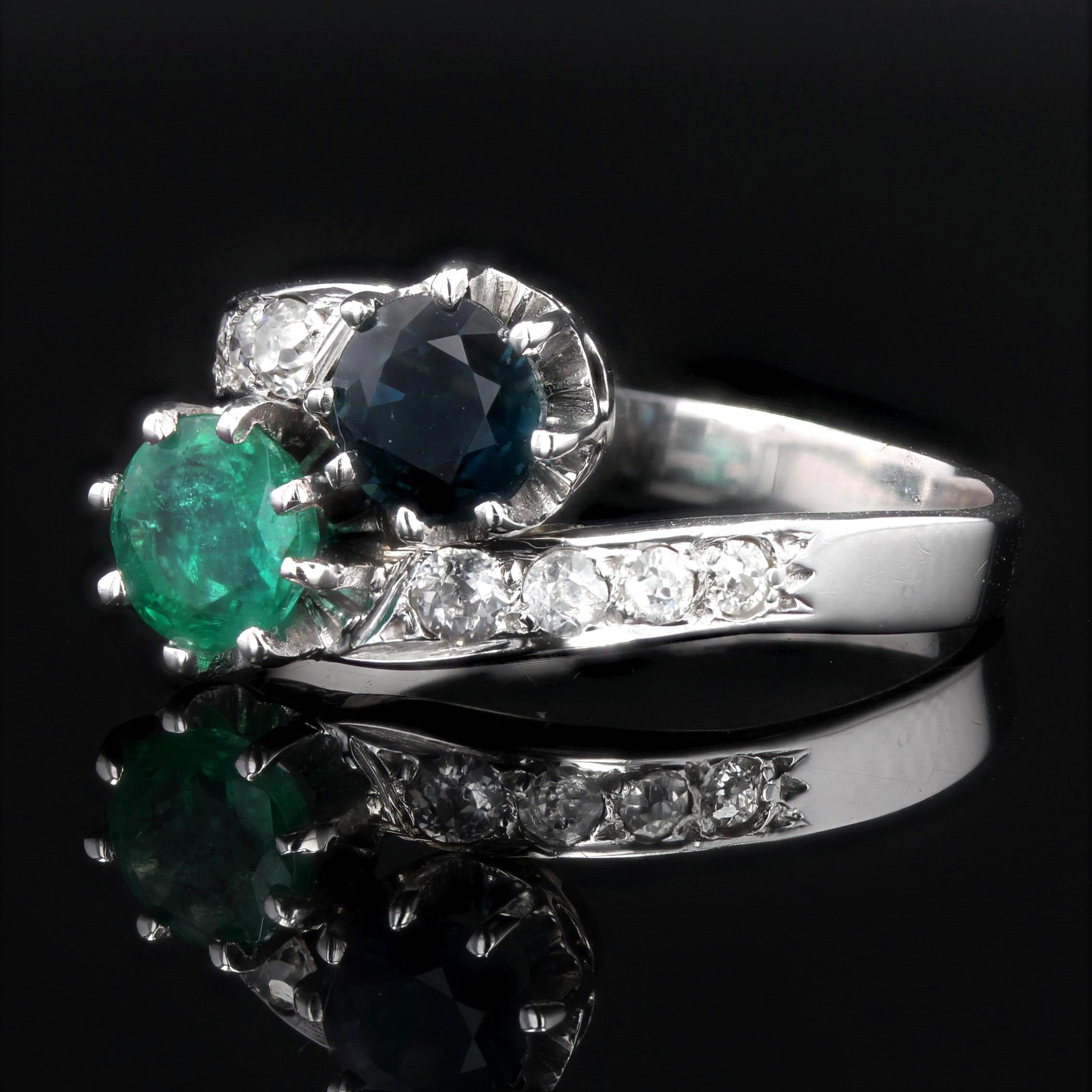 French 1930s Emerald Sapphire Diamonds 18 Karat White Gold You and Me Ring For Sale 2