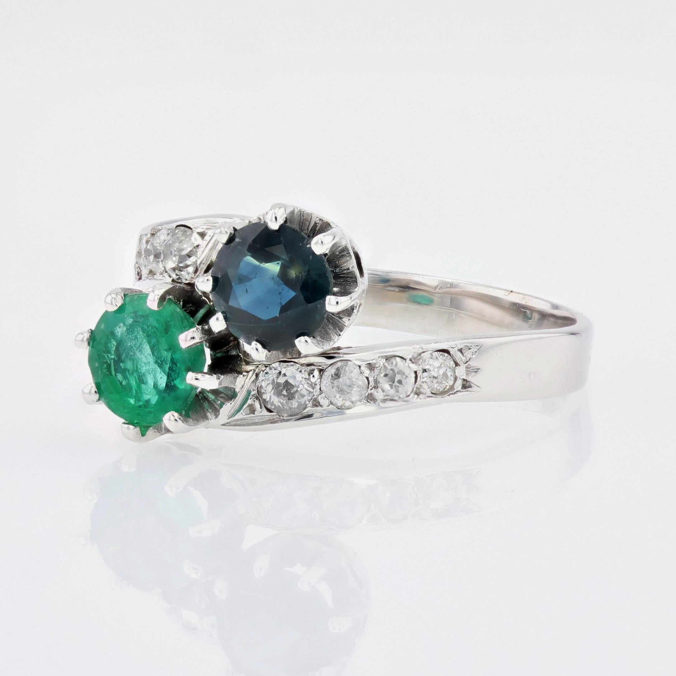French 1930s Emerald Sapphire Diamonds 18 Karat White Gold You and Me Ring 2