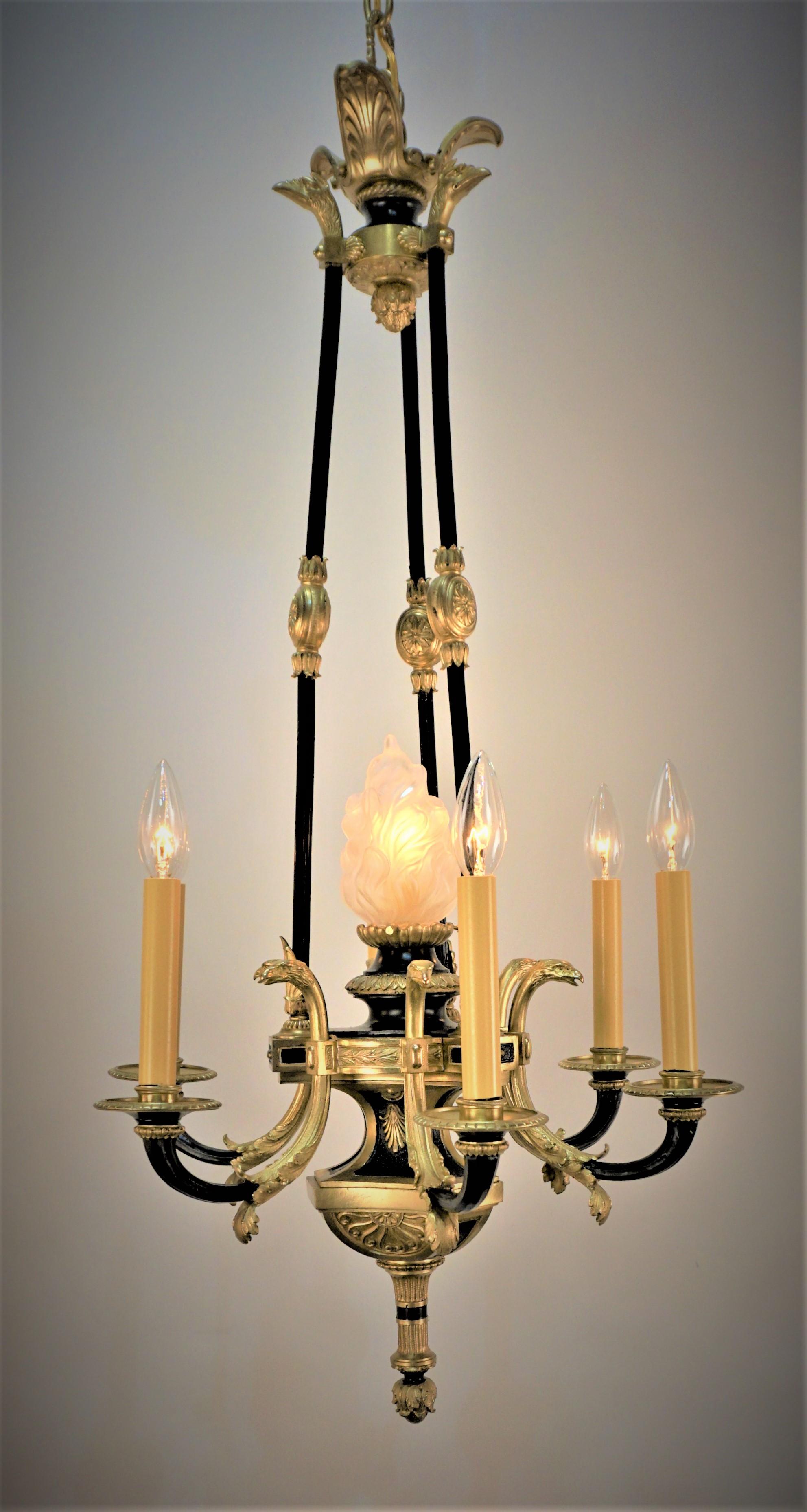 French 1930s Empire Bronze Chandelier In Good Condition For Sale In Fairfax, VA