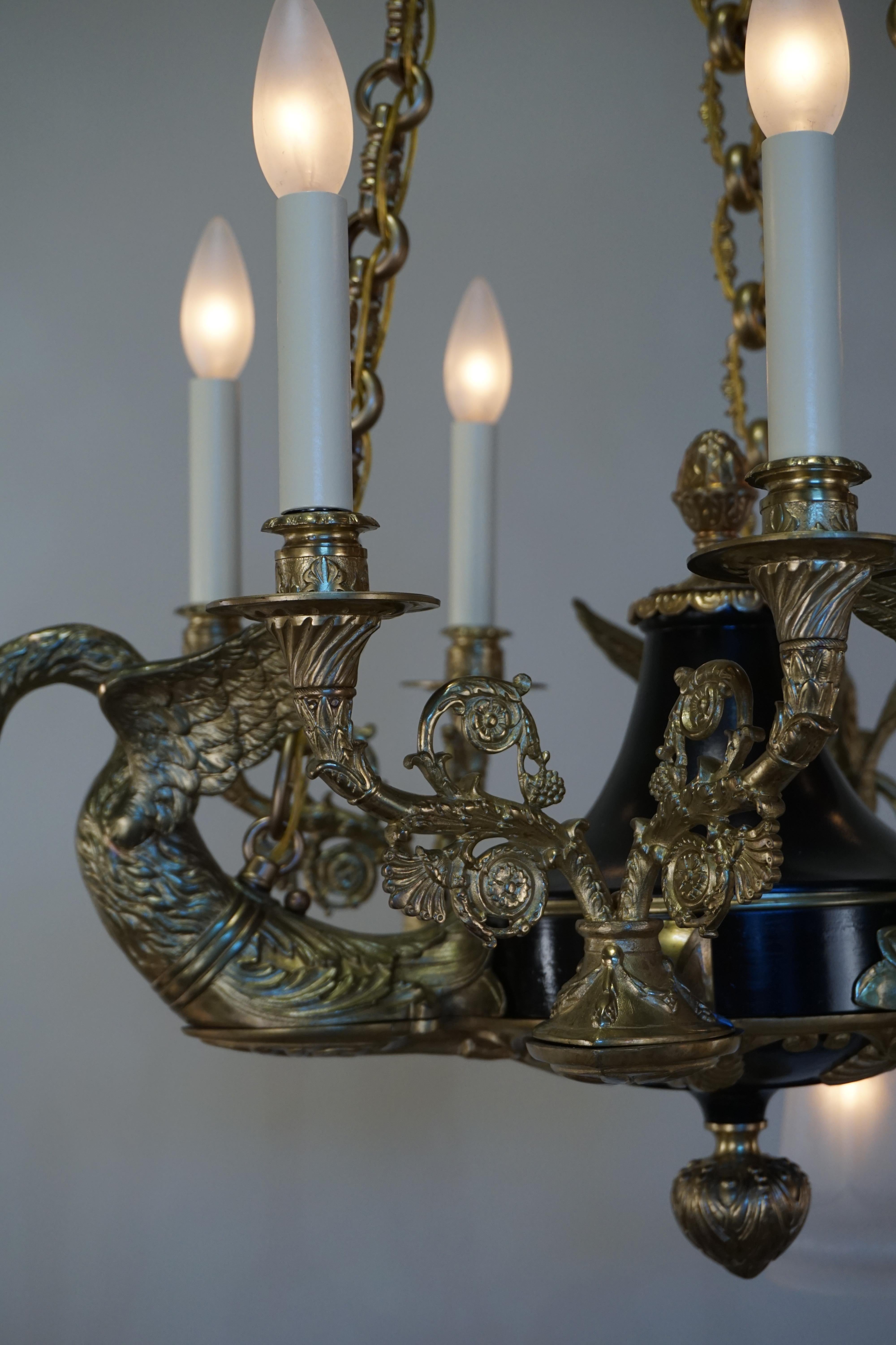 Etched French 1930s Empire Style Bronze Chandelier