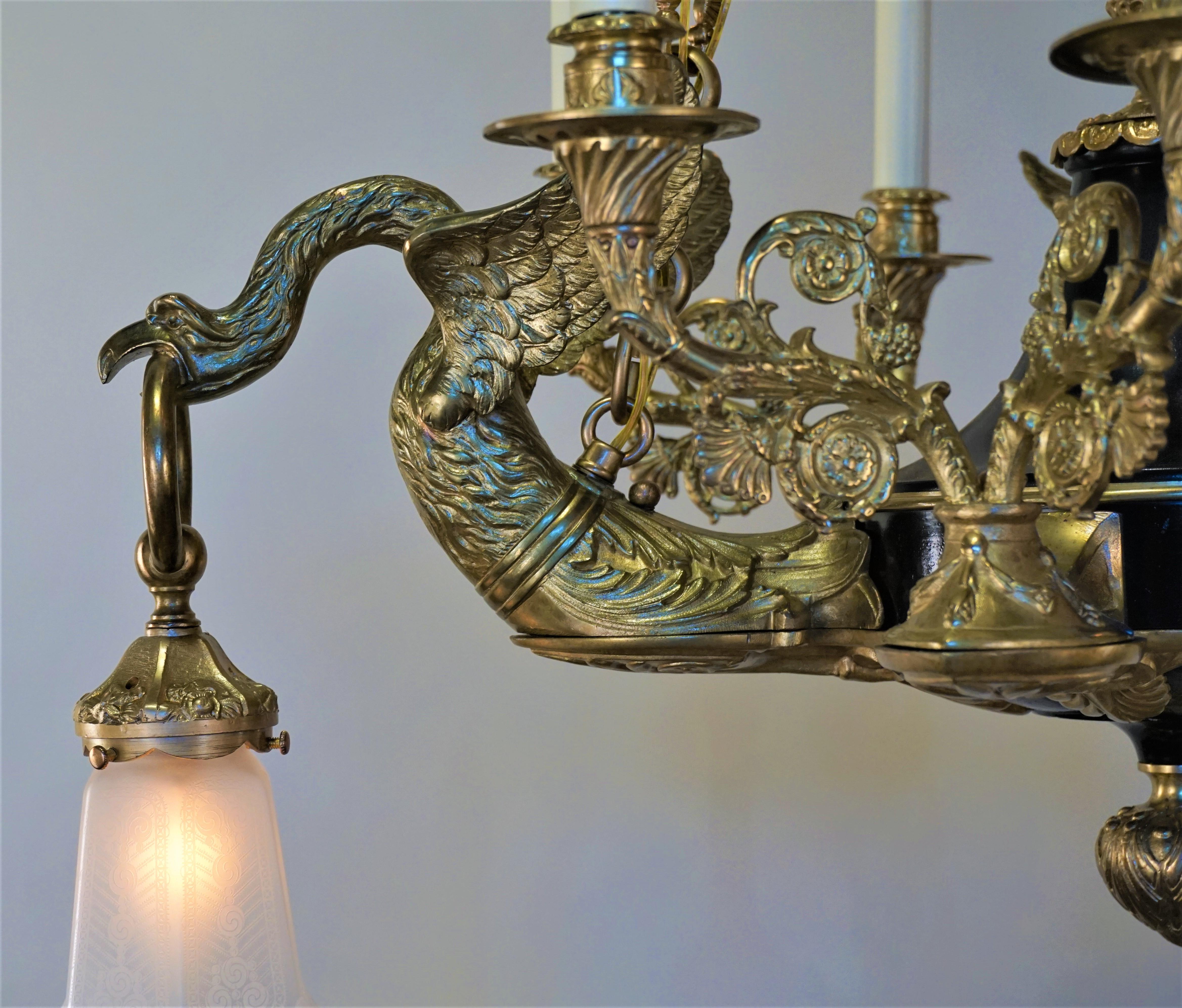 French 1930s Empire Style Bronze Chandelier In Good Condition In Fairfax, VA