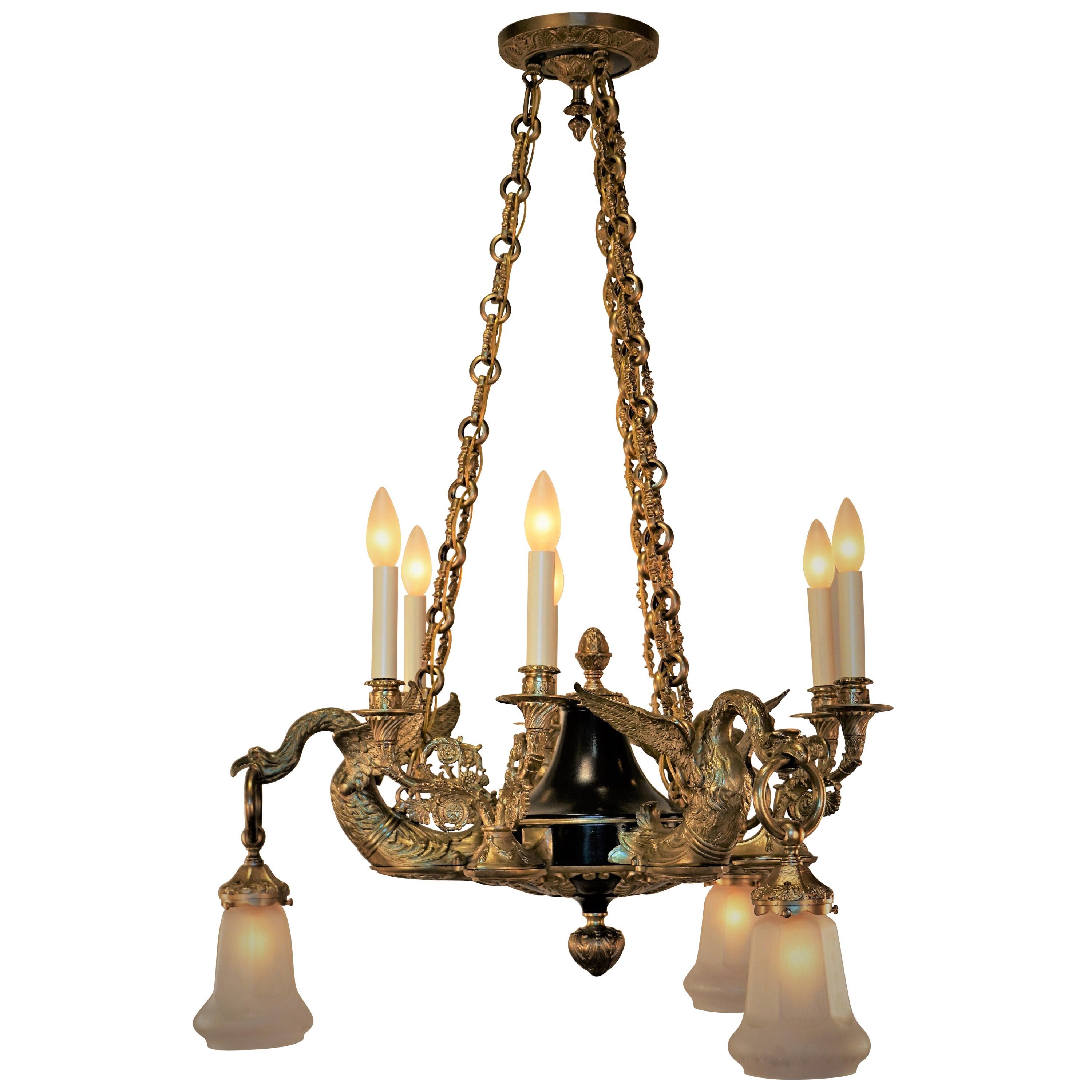 French 1930s Empire Style Bronze Chandelier