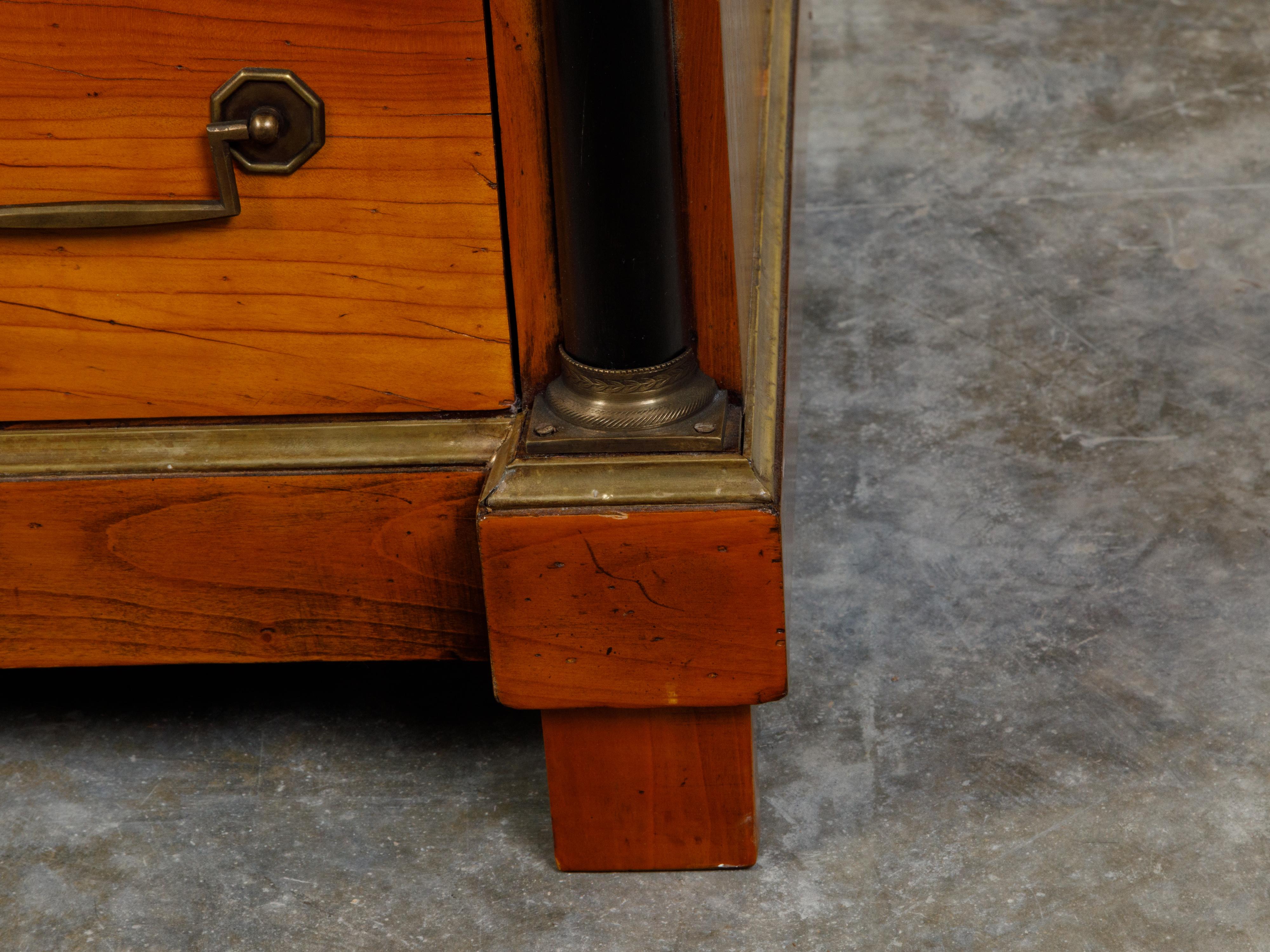 French 1930s Empire Style Walnut Commode with Grey Marble Top and Black Columns For Sale 8