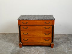 French 1930s Empire Style Walnut Commode with Grey Marble Top and Black Columns