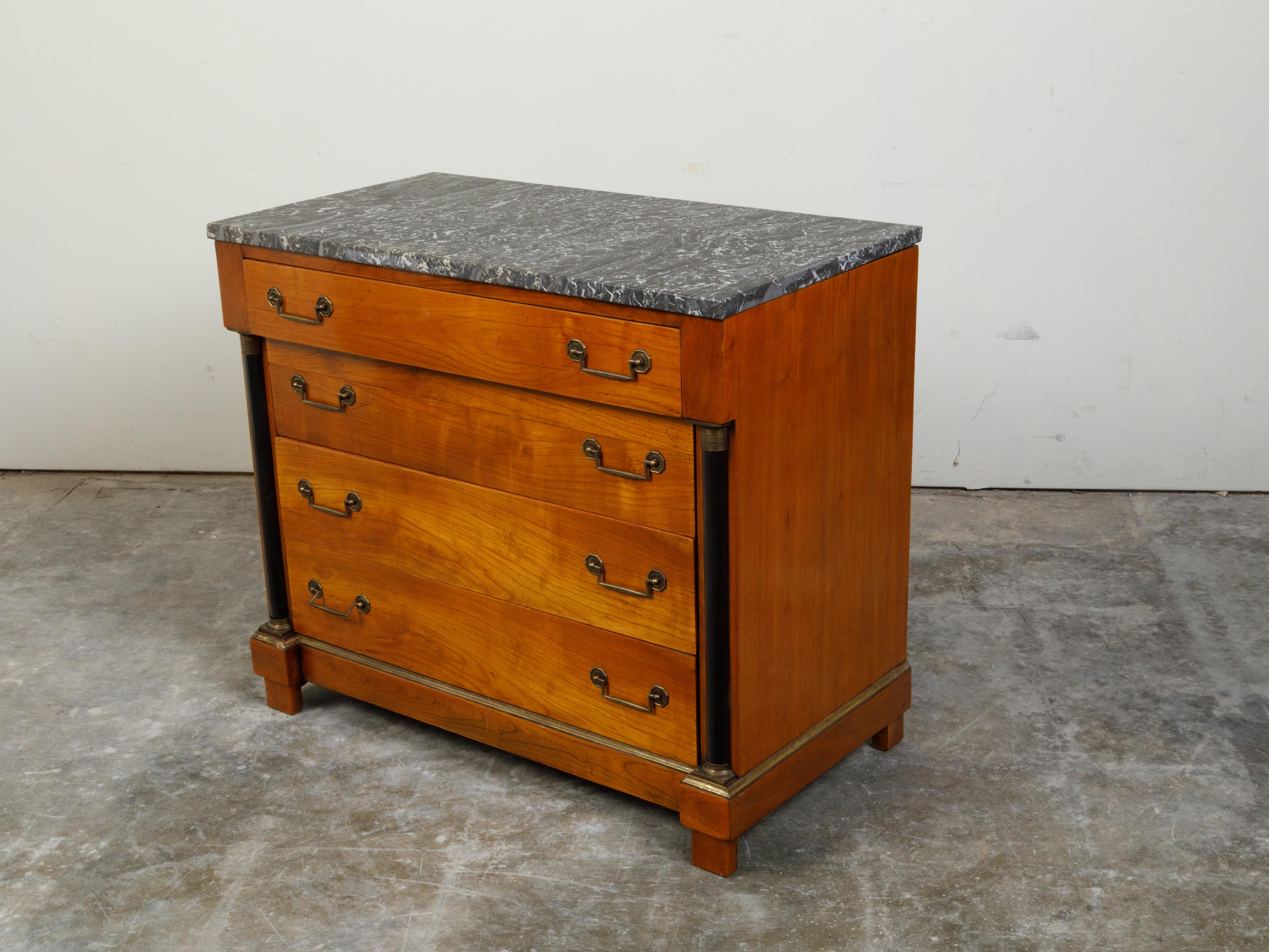 French 1930s Empire Style Walnut Commode with Grey Marble Top and Black Columns In Good Condition For Sale In Atlanta, GA