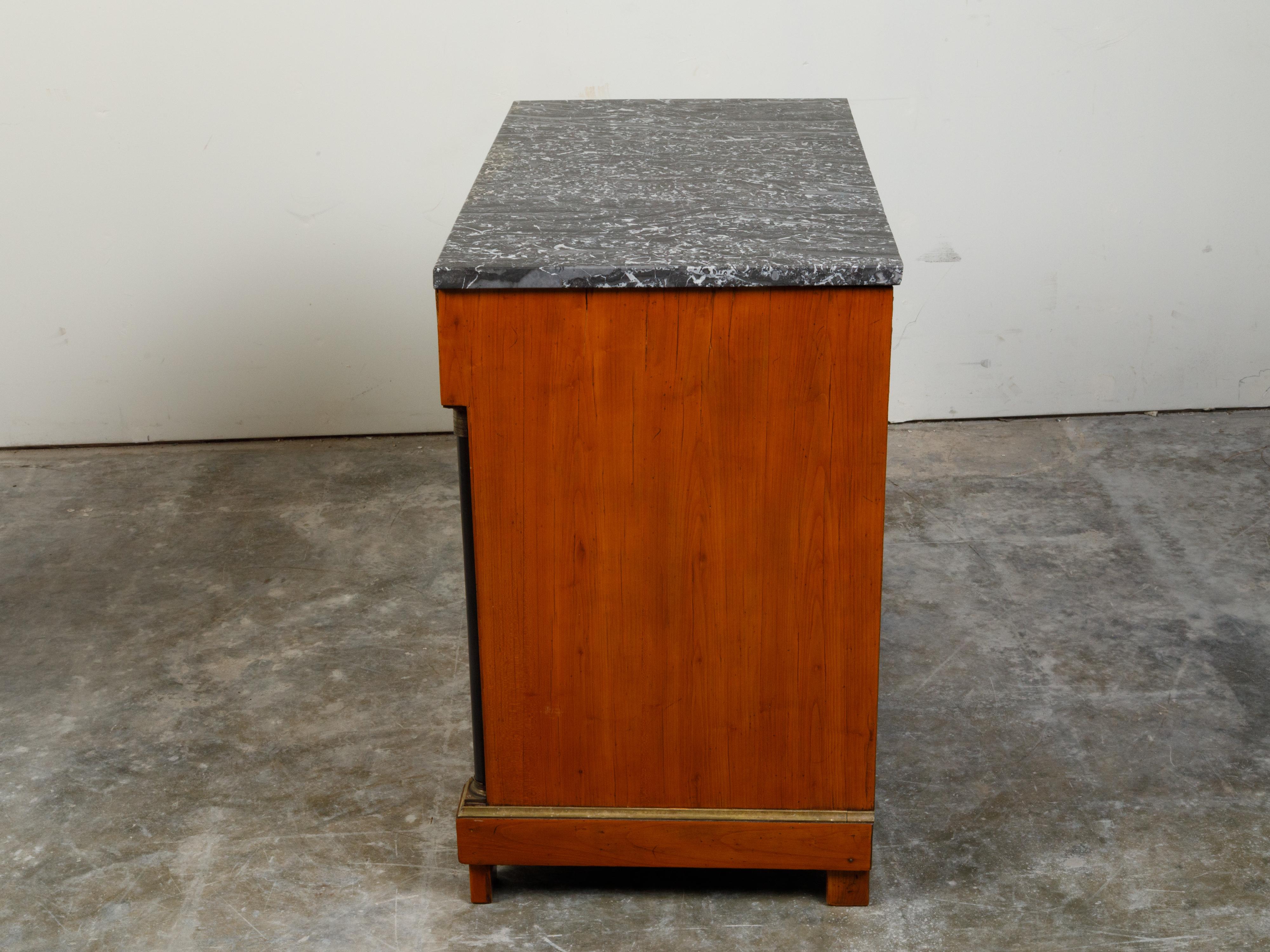 20th Century French 1930s Empire Style Walnut Commode with Grey Marble Top and Black Columns For Sale