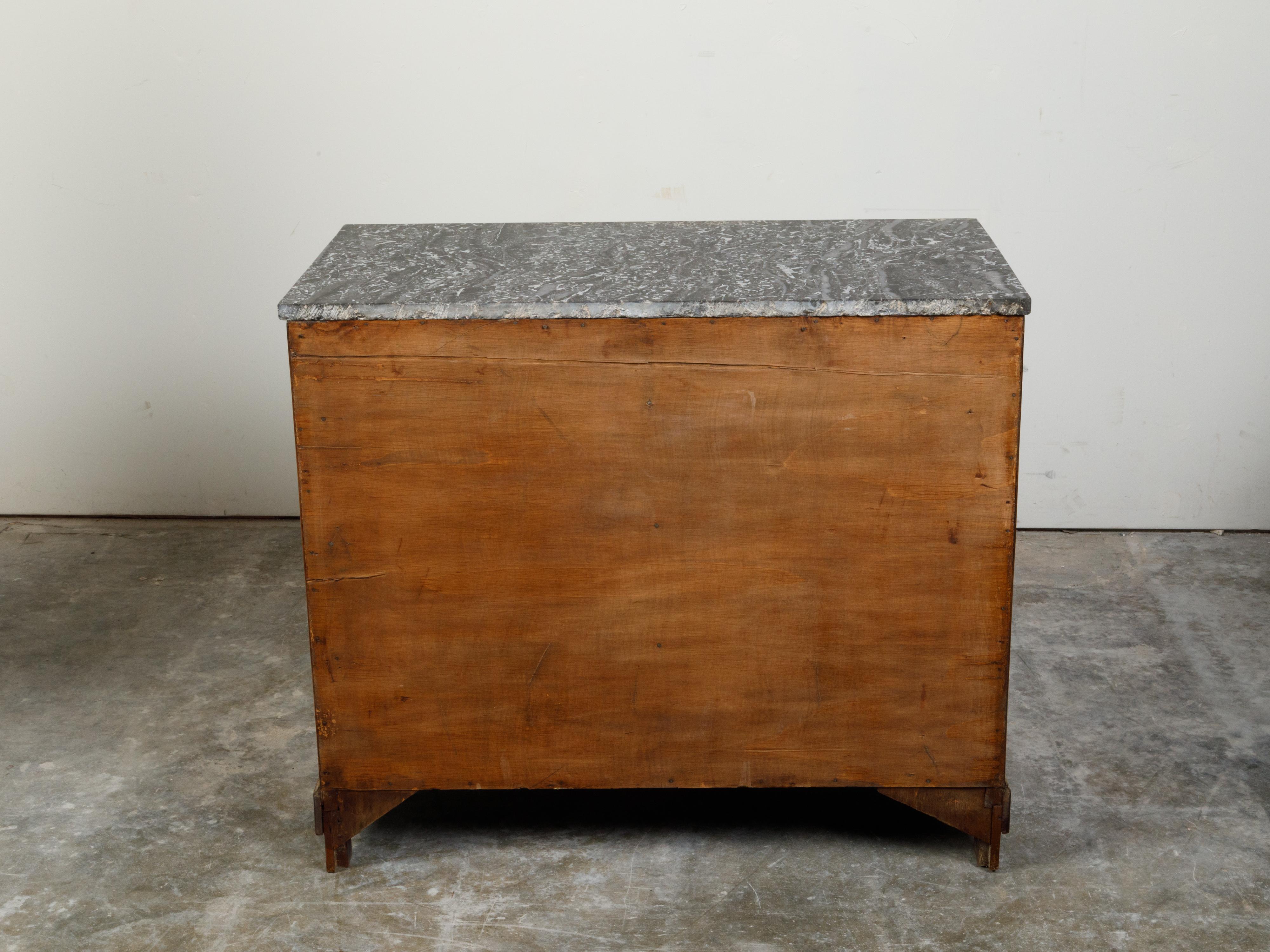 French 1930s Empire Style Walnut Commode with Grey Marble Top and Black Columns For Sale 2