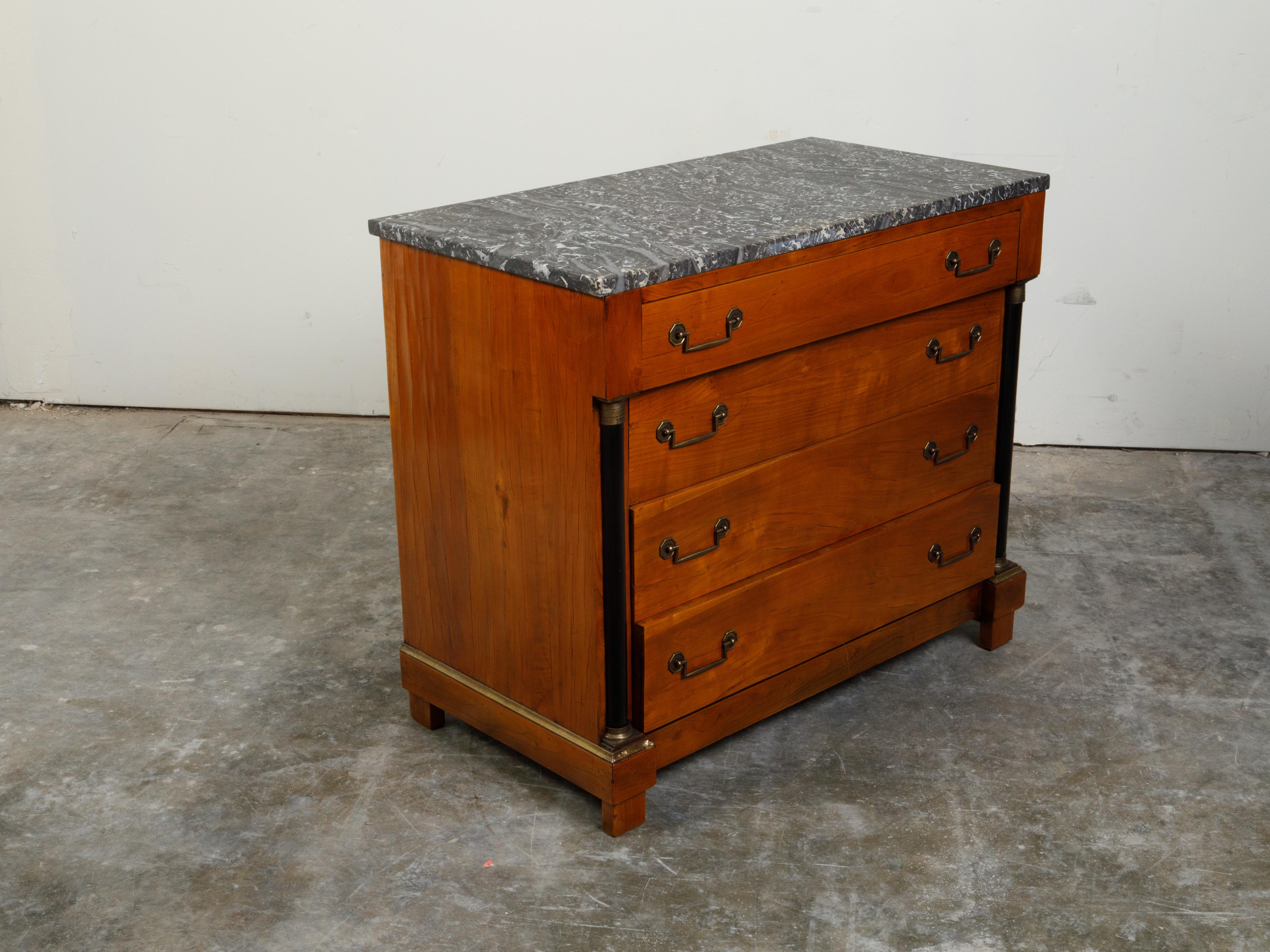French 1930s Empire Style Walnut Commode with Grey Marble Top and Black Columns For Sale 4
