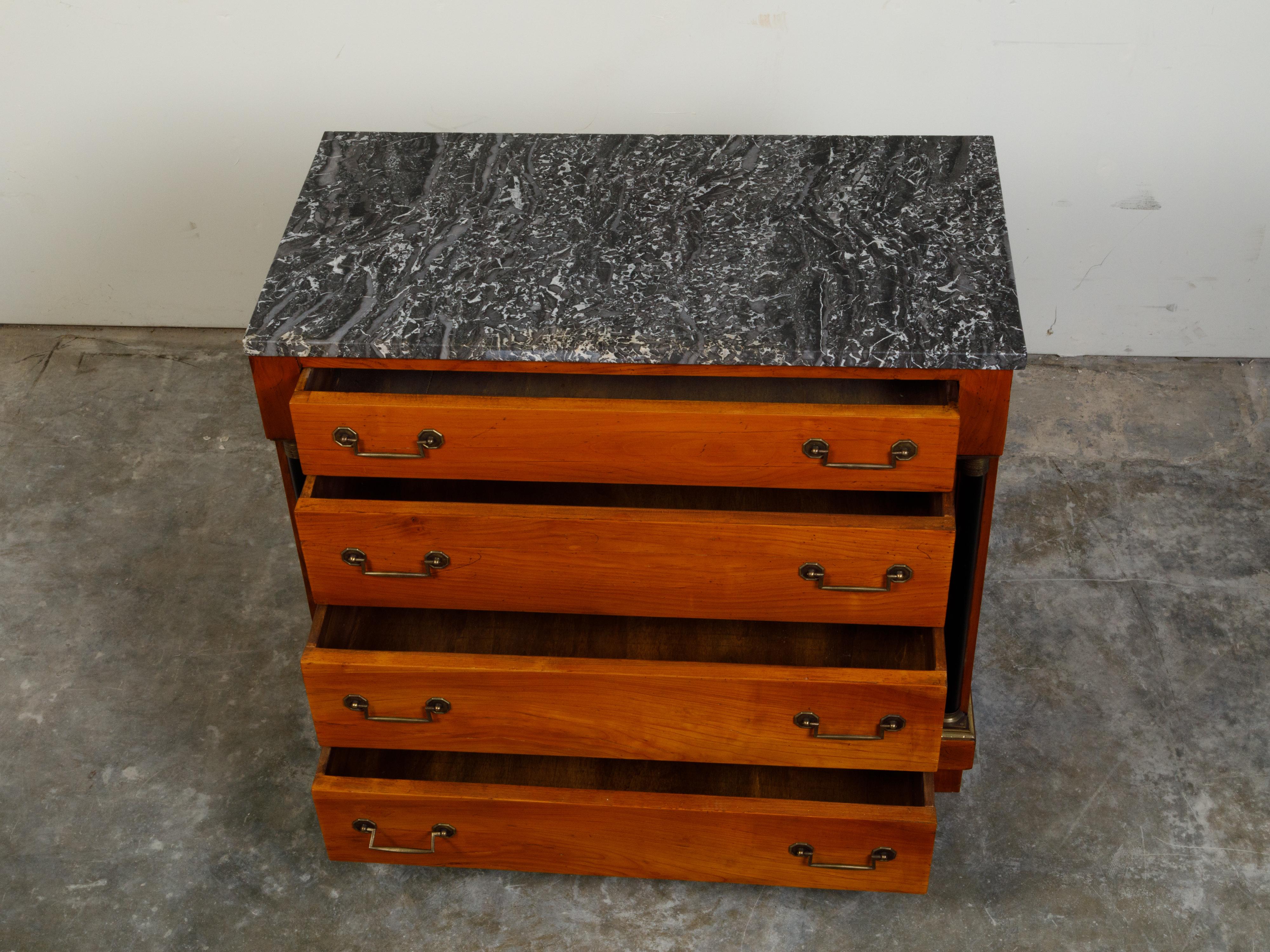 French 1930s Empire Style Walnut Commode with Grey Marble Top and Black Columns For Sale 5