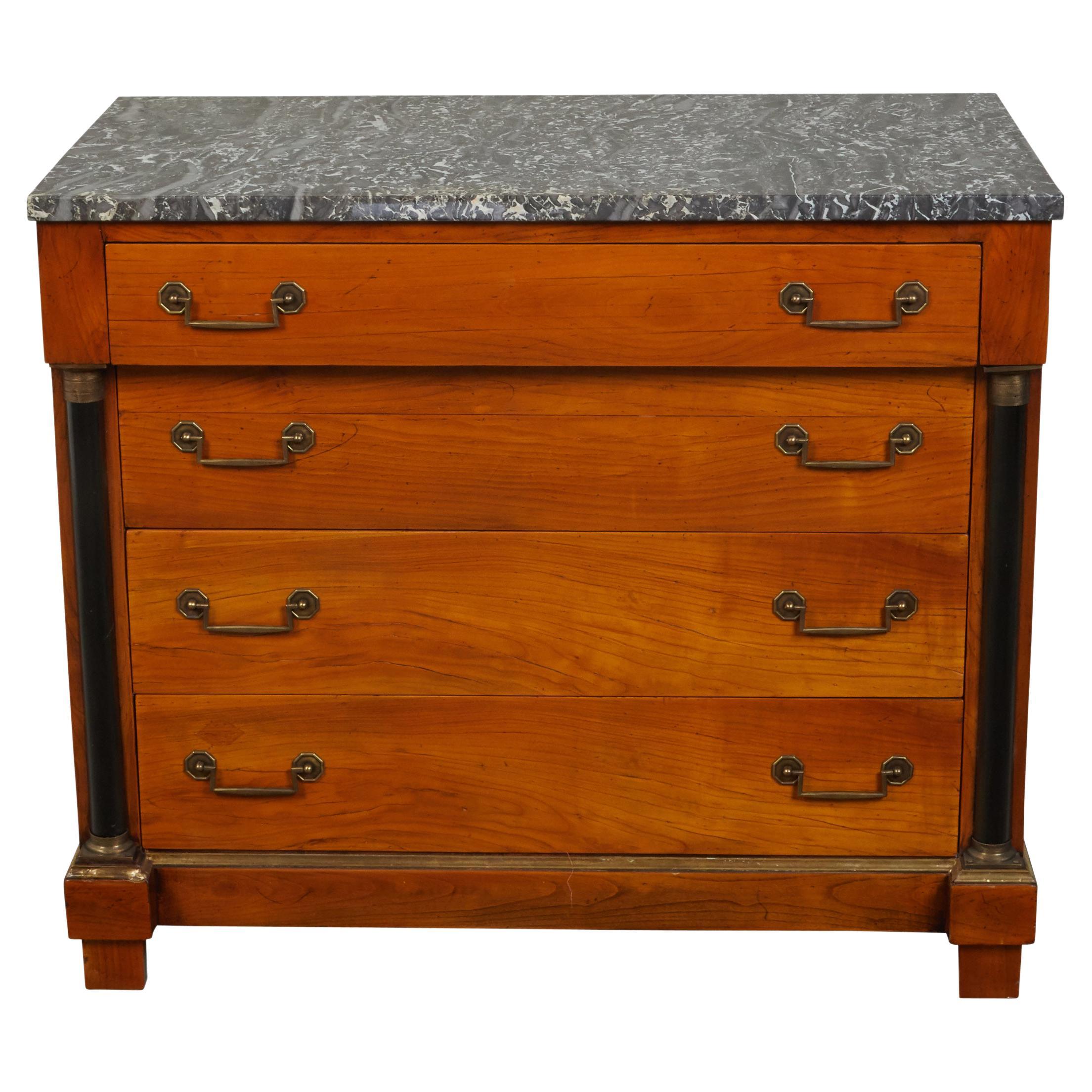 French 1930s Empire Style Walnut Commode with Grey Marble Top and Black Columns For Sale