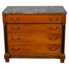 Antique French 1930s Empire Style Walnut Commode with Grey Marble Top and Black Columns