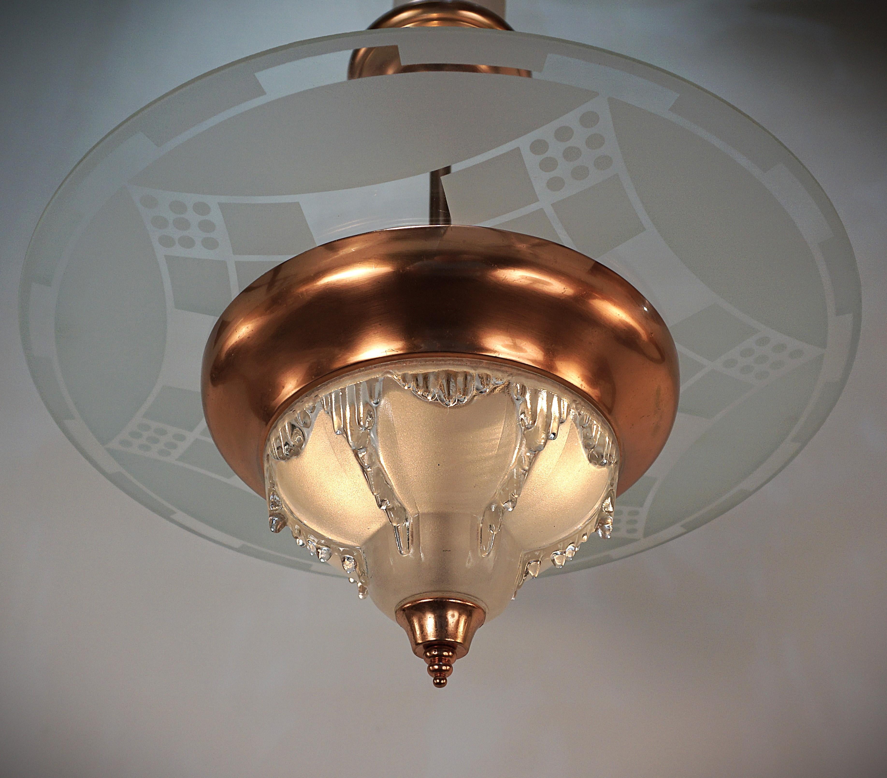 Art Deco French 1930's Etched Glass Disc Chandelier For Sale