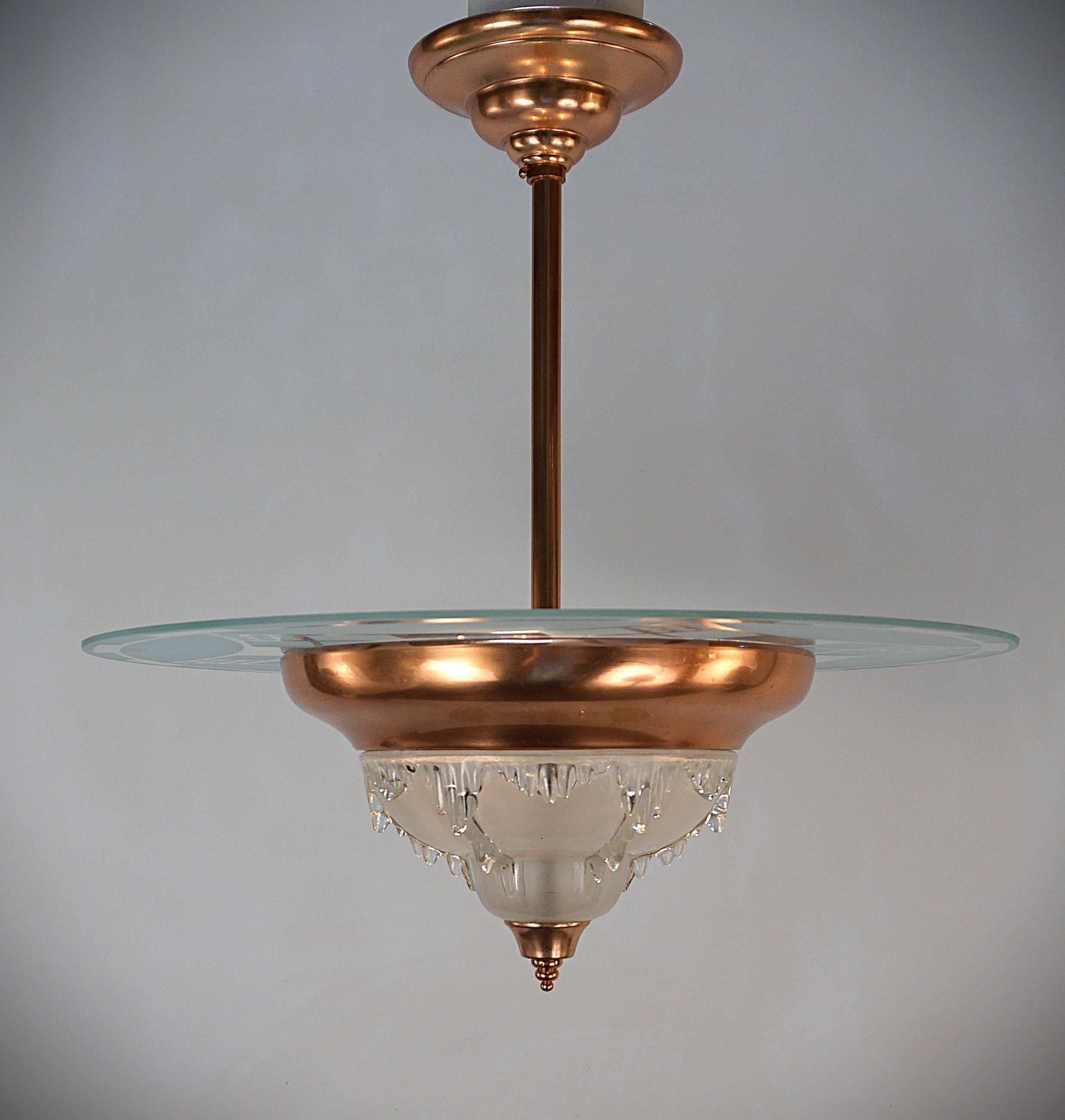 French 1930's Etched Glass Disc Chandelier In Good Condition For Sale In Fairfax, VA