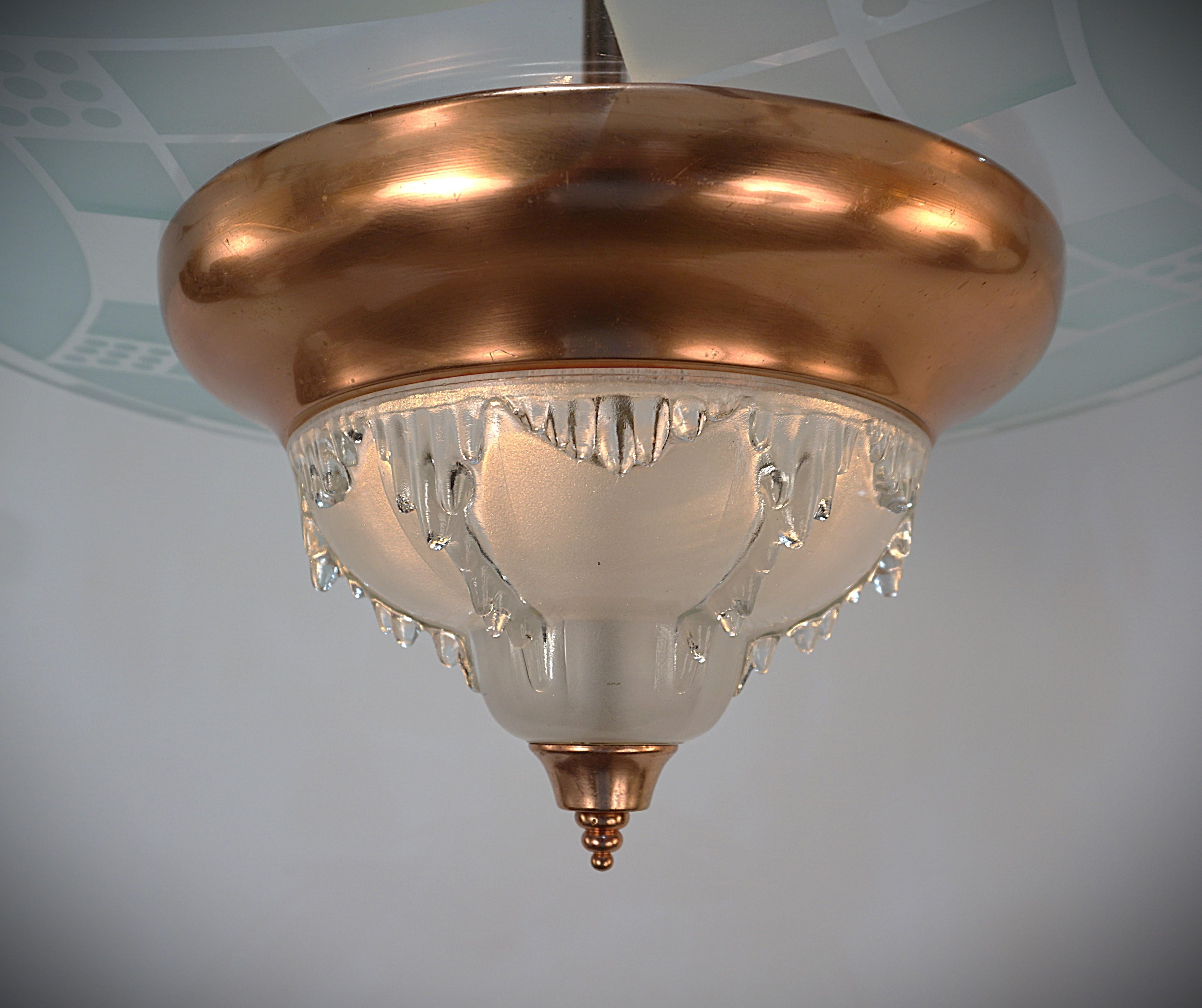 Copper French 1930's Etched Glass Disc Chandelier For Sale