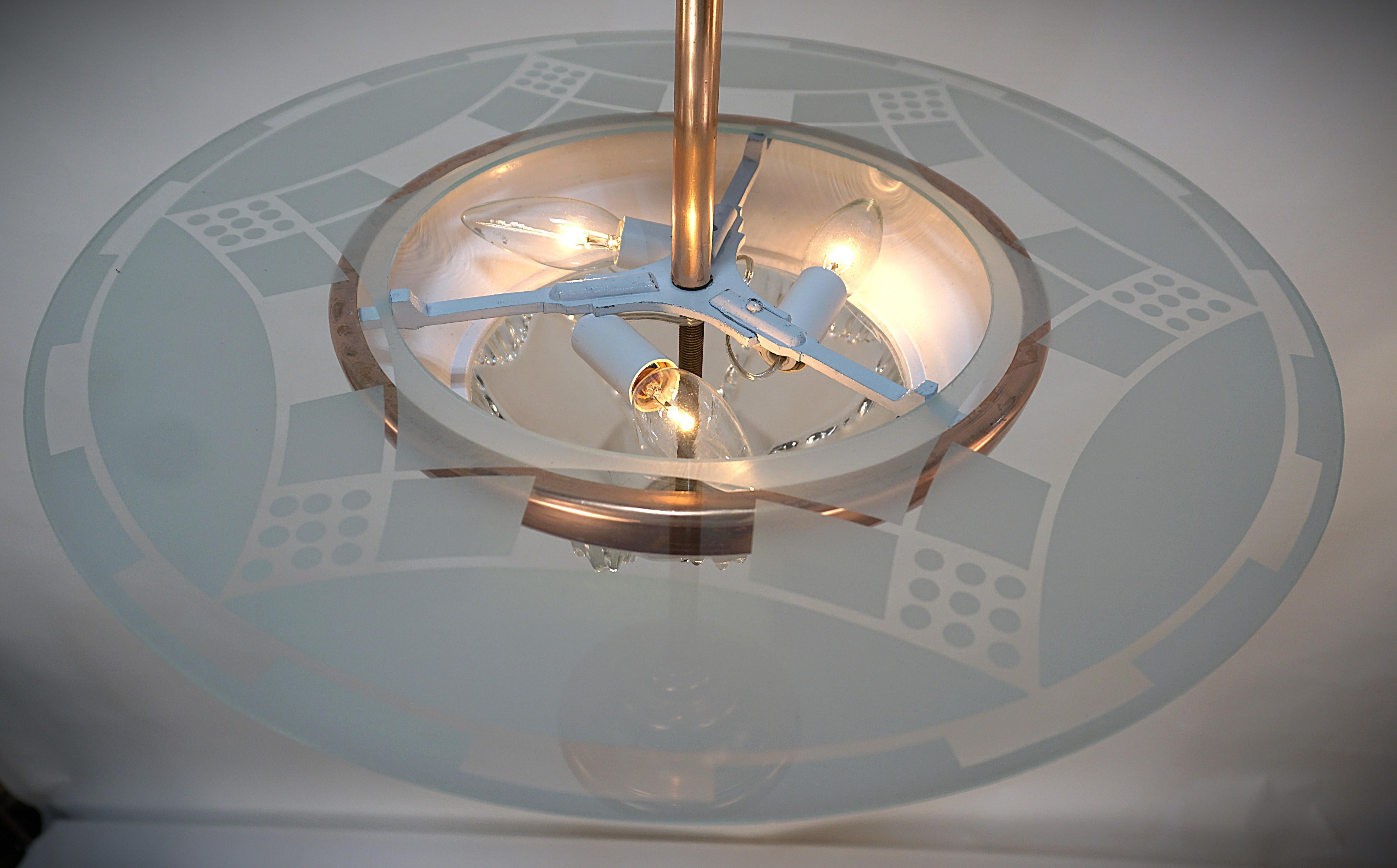 French 1930's Etched Glass Disc Chandelier For Sale 1