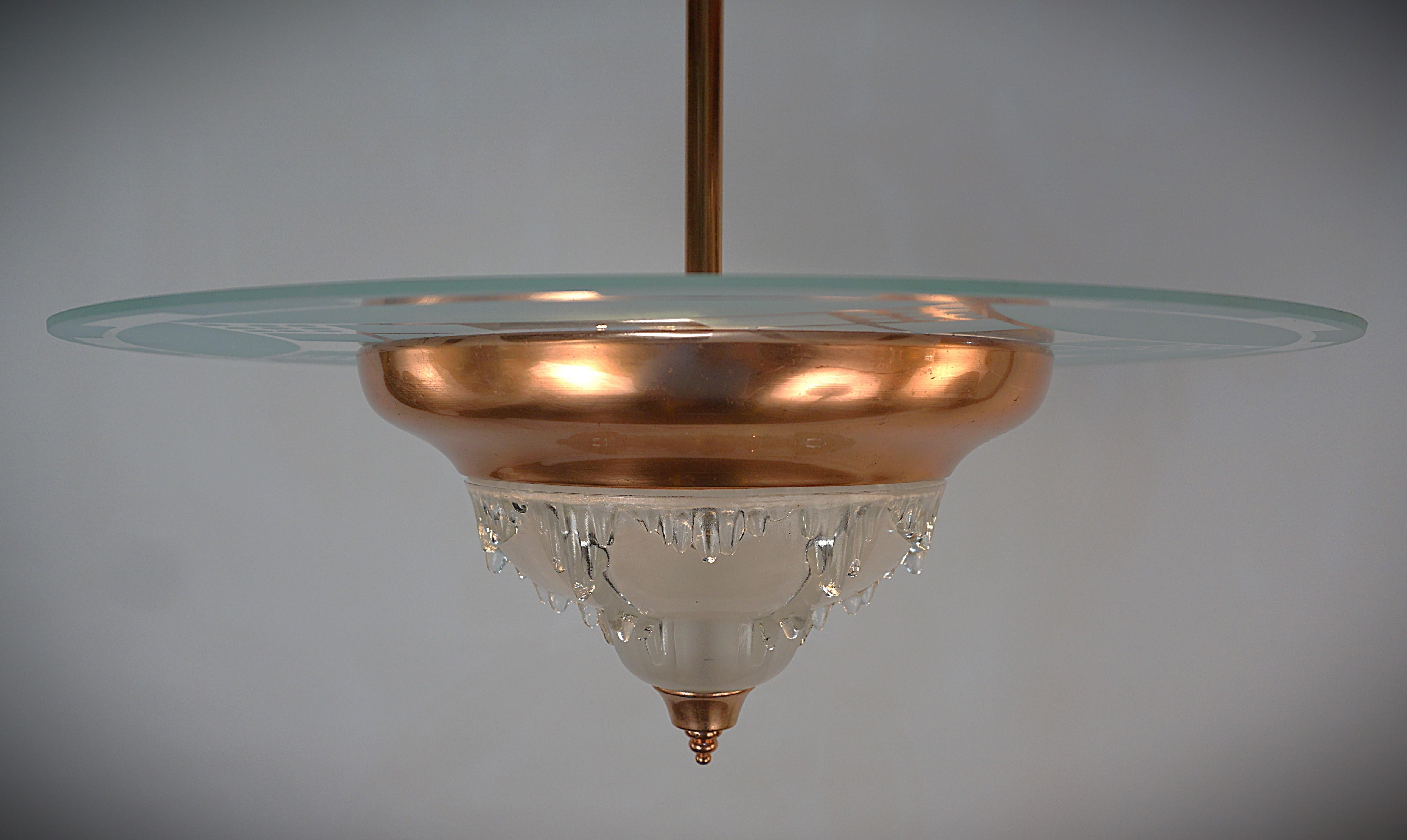 French 1930's Etched Glass Disc Chandelier For Sale 2