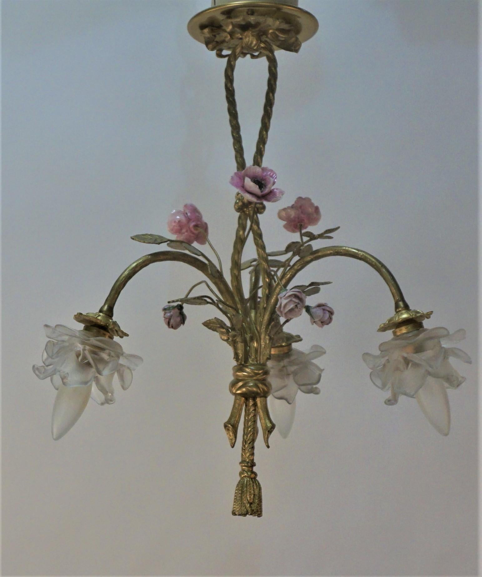 French 1930's Flora Design Bronze Chandelier 4