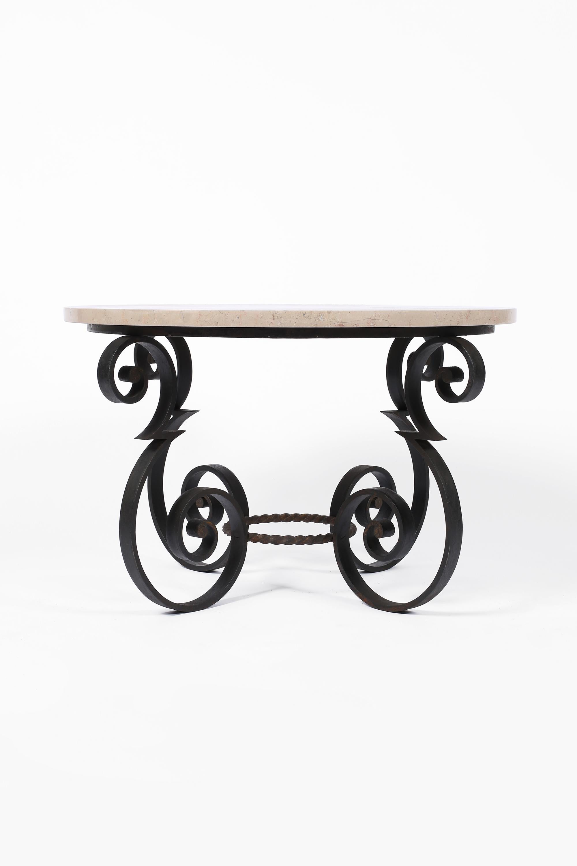 Art Deco French 1930s Forged Iron & Marble Coffee Table in the manner of Poillerat For Sale