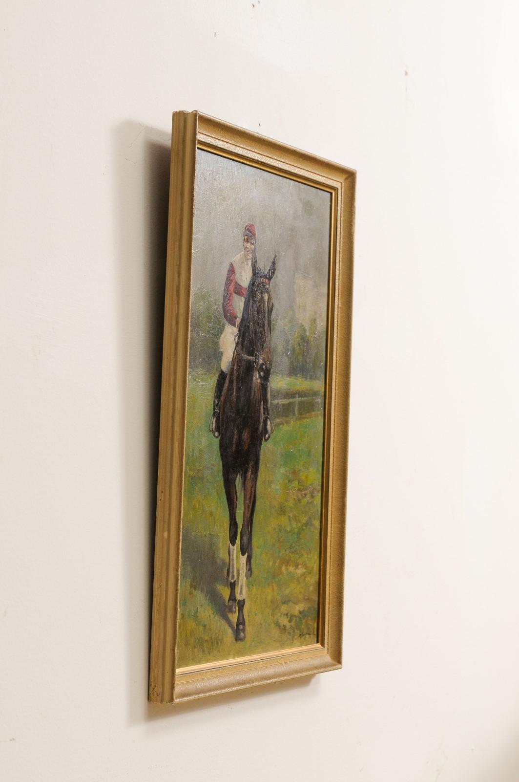 French 1930s Framed Oil on Board Portrait of a Jockey on His Brown Horse 4