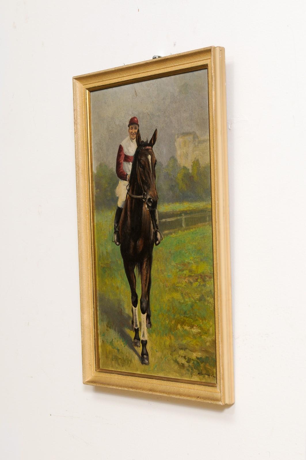 French 1930s Framed Oil on Board Portrait of a Jockey on His Brown Horse 5
