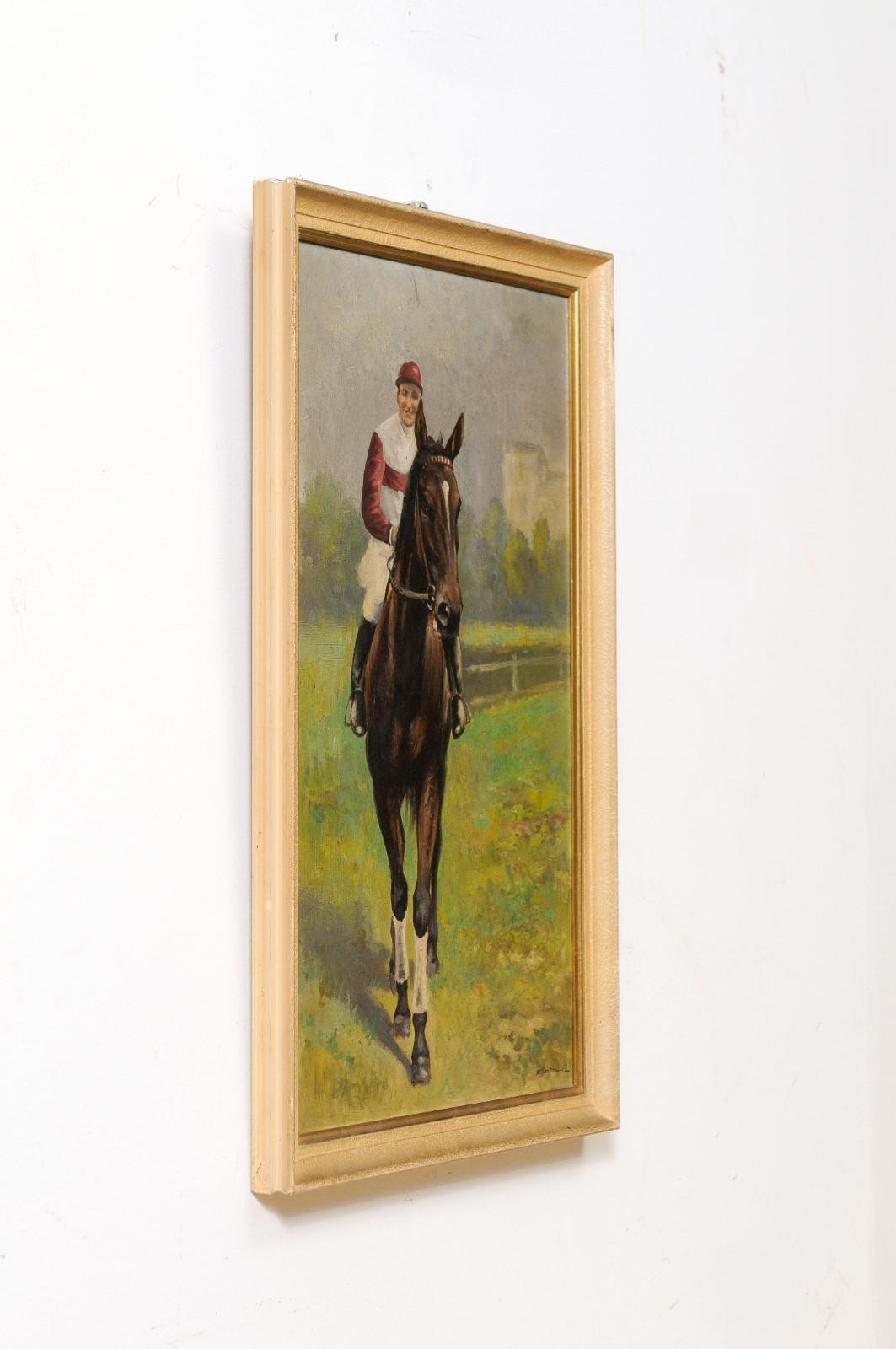 French 1930s Framed Oil on Board Portrait of a Jockey on His Brown Horse 6