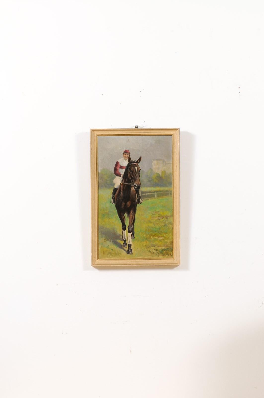 Hand-Painted French 1930s Framed Oil on Board Portrait of a Jockey on His Brown Horse
