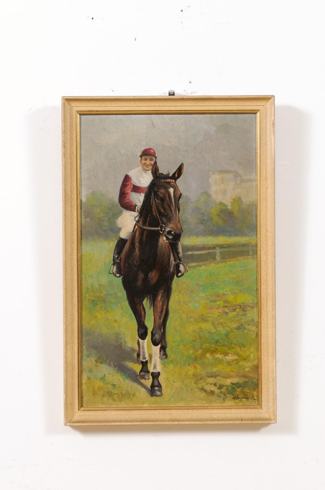 20th Century French 1930s Framed Oil on Board Portrait of a Jockey on His Brown Horse