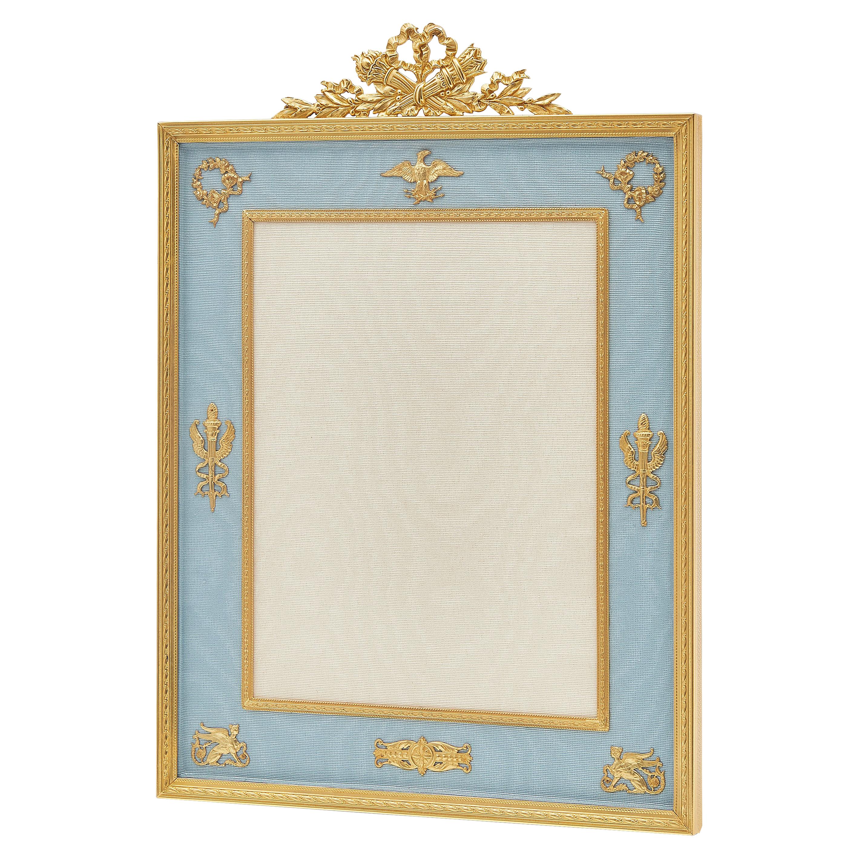 French 1930s Gilt Bronze and Blue Silk Photo Frame