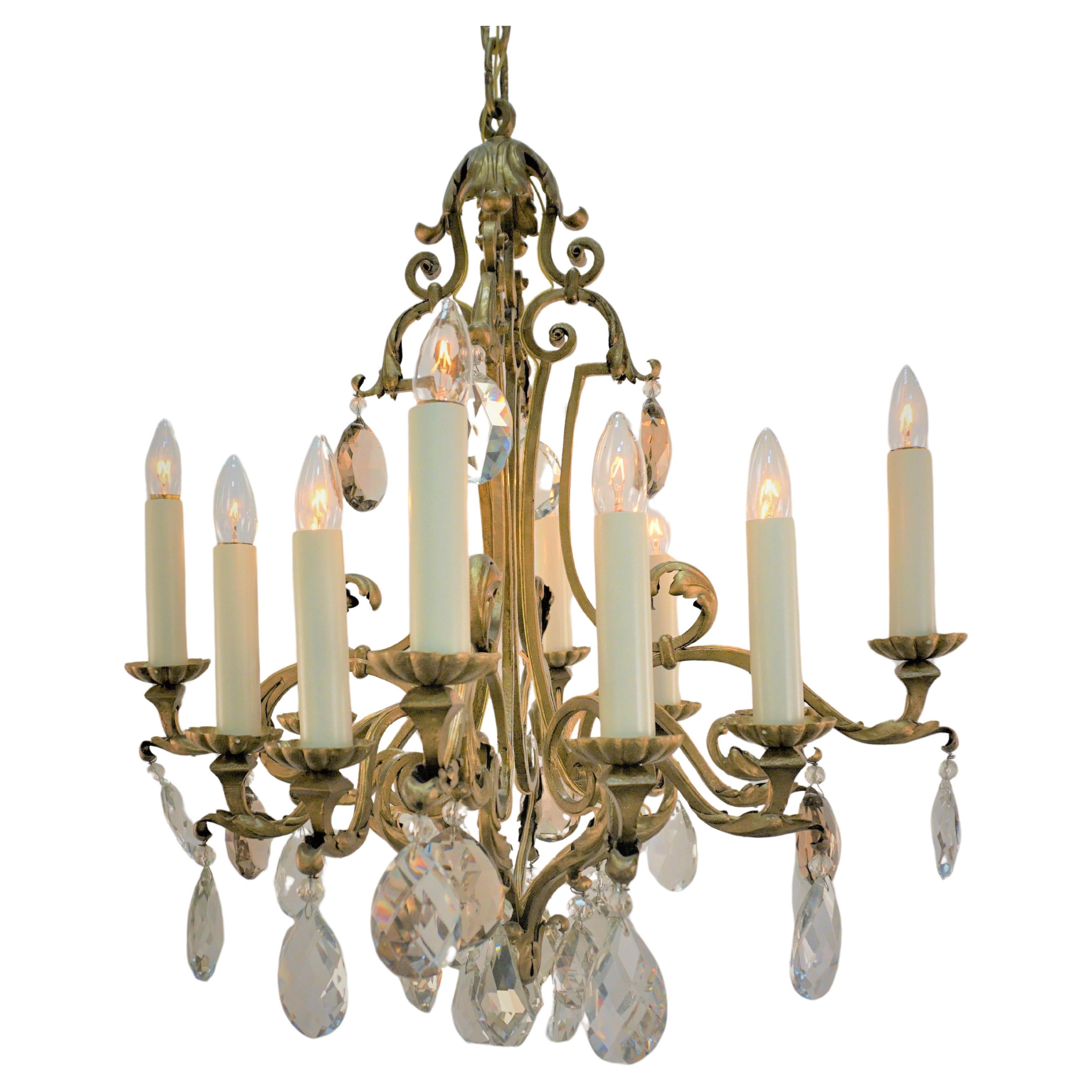 French 1930's gilt Iron and Crystal chandelier