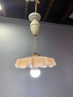French 1930's Glass and Ceramic Adjustable Pulley Ceiling Lamp