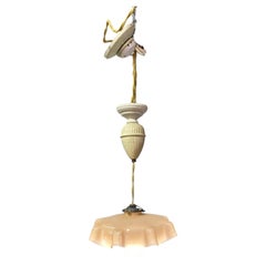 French 1930's Glass and Ceramic Adjustable Pulley Ceiling Lamp