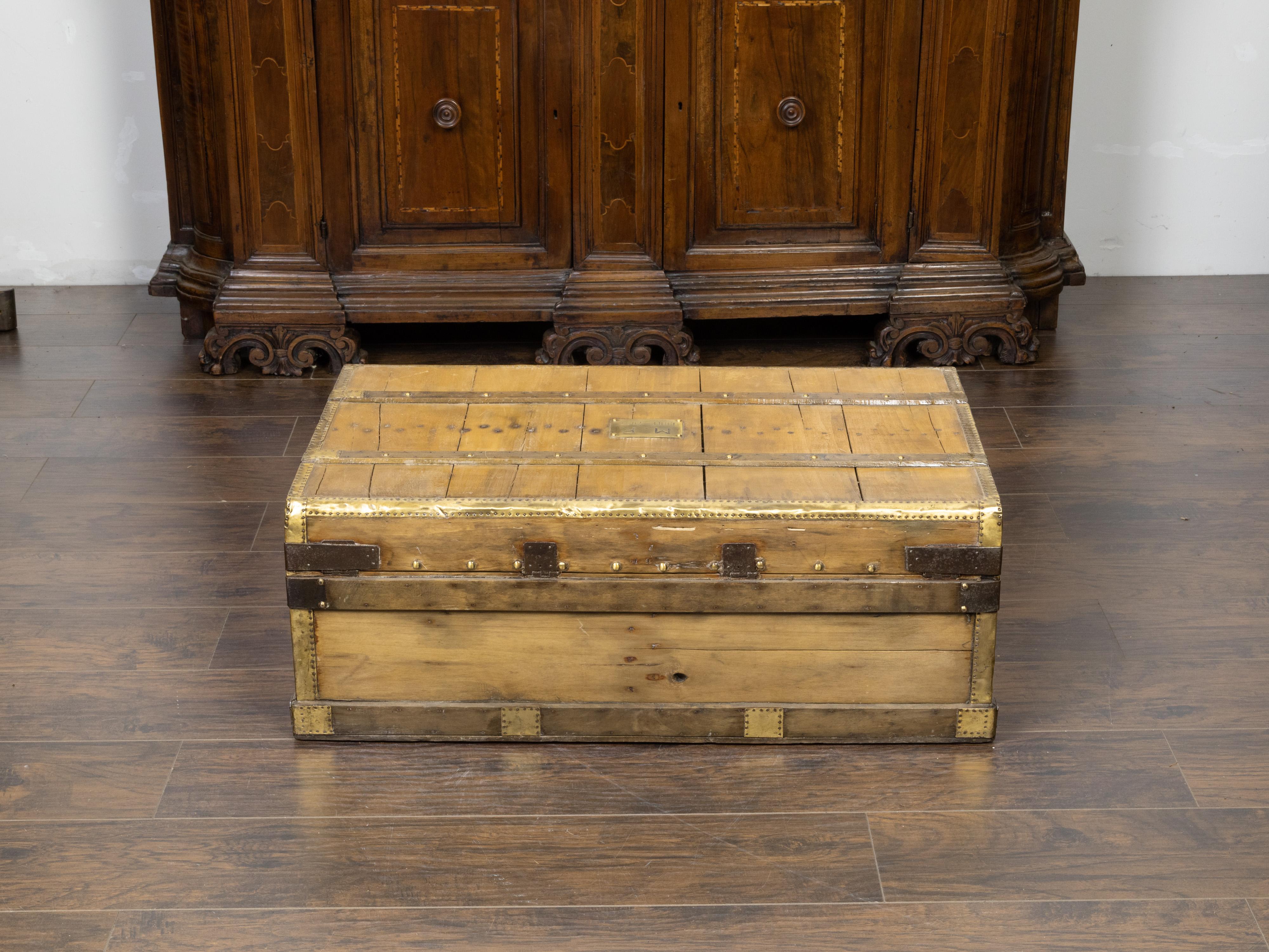 French 1930s Lavolaille Pine Trunk with Maker's Label and Monogram In Good Condition For Sale In Atlanta, GA