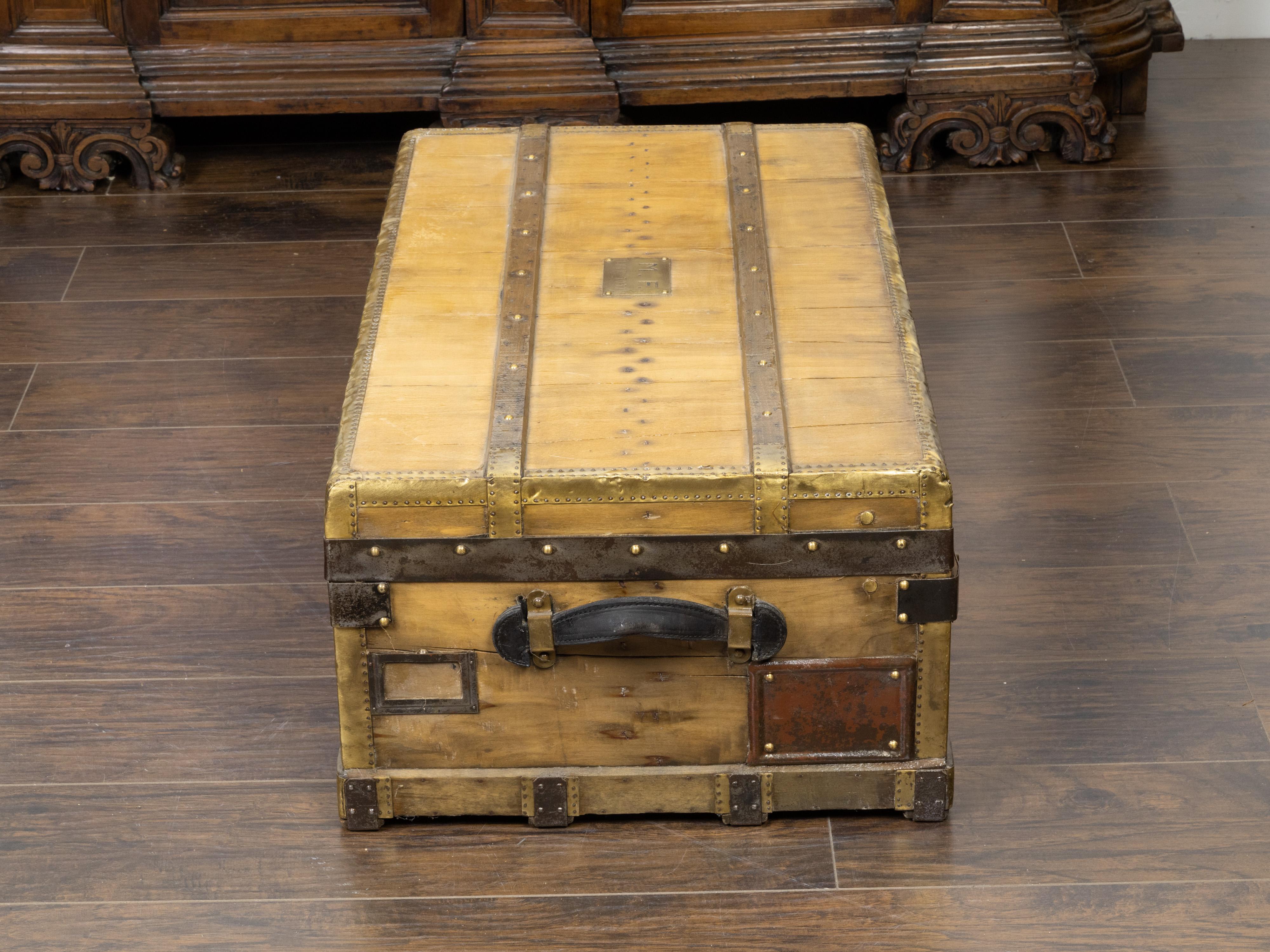 20th Century French 1930s Lavolaille Pine Trunk with Maker's Label and Monogram For Sale