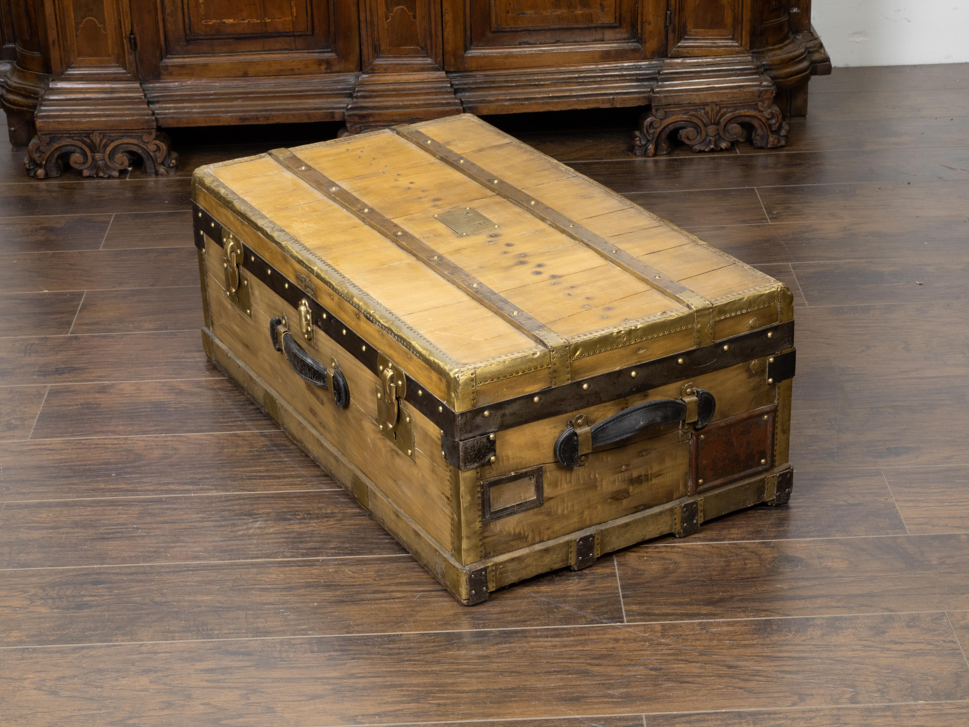Brass French 1930s Lavolaille Pine Trunk with Maker's Label and Monogram For Sale