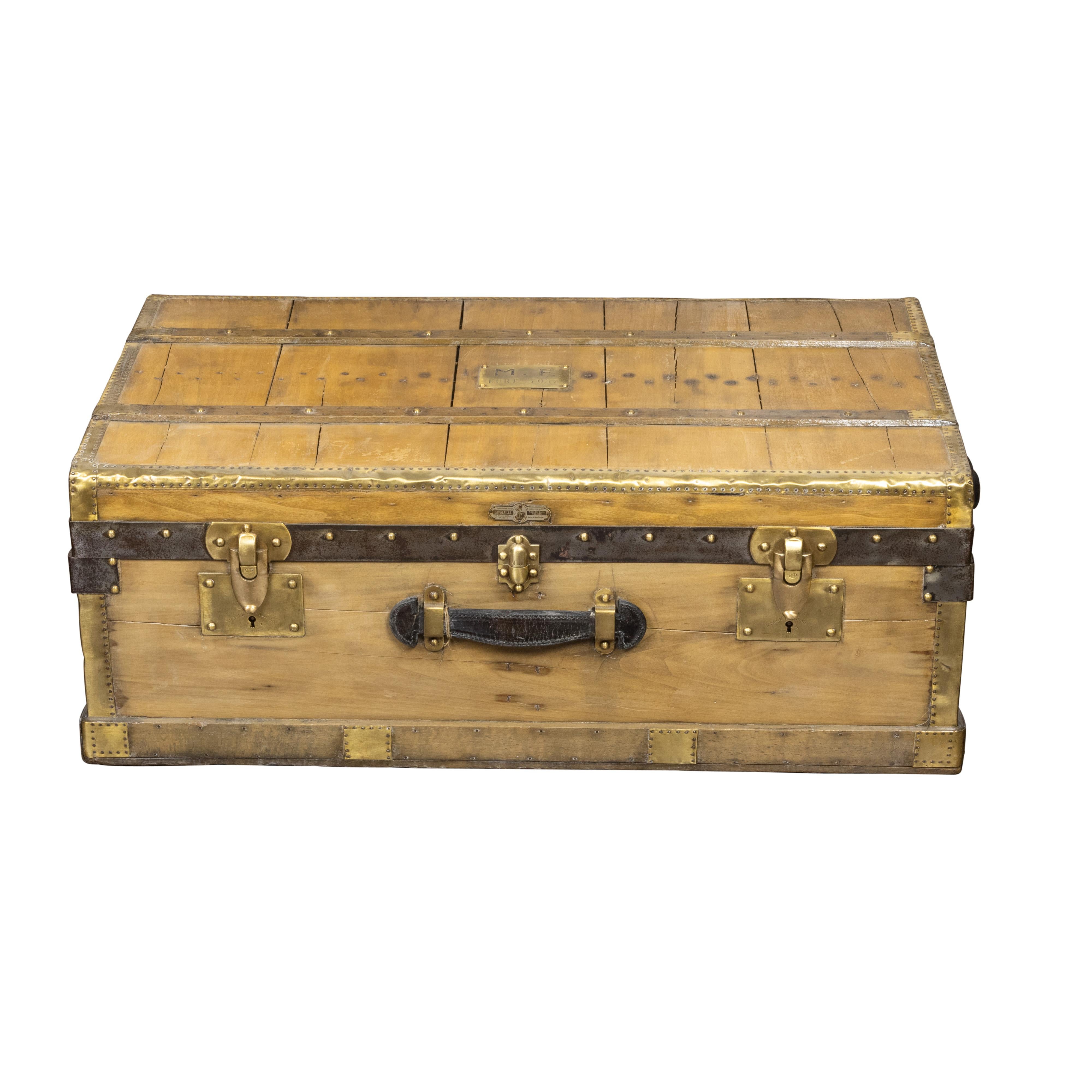 French 1930s Lavolaille Pine Trunk with Maker's Label and Monogram For Sale