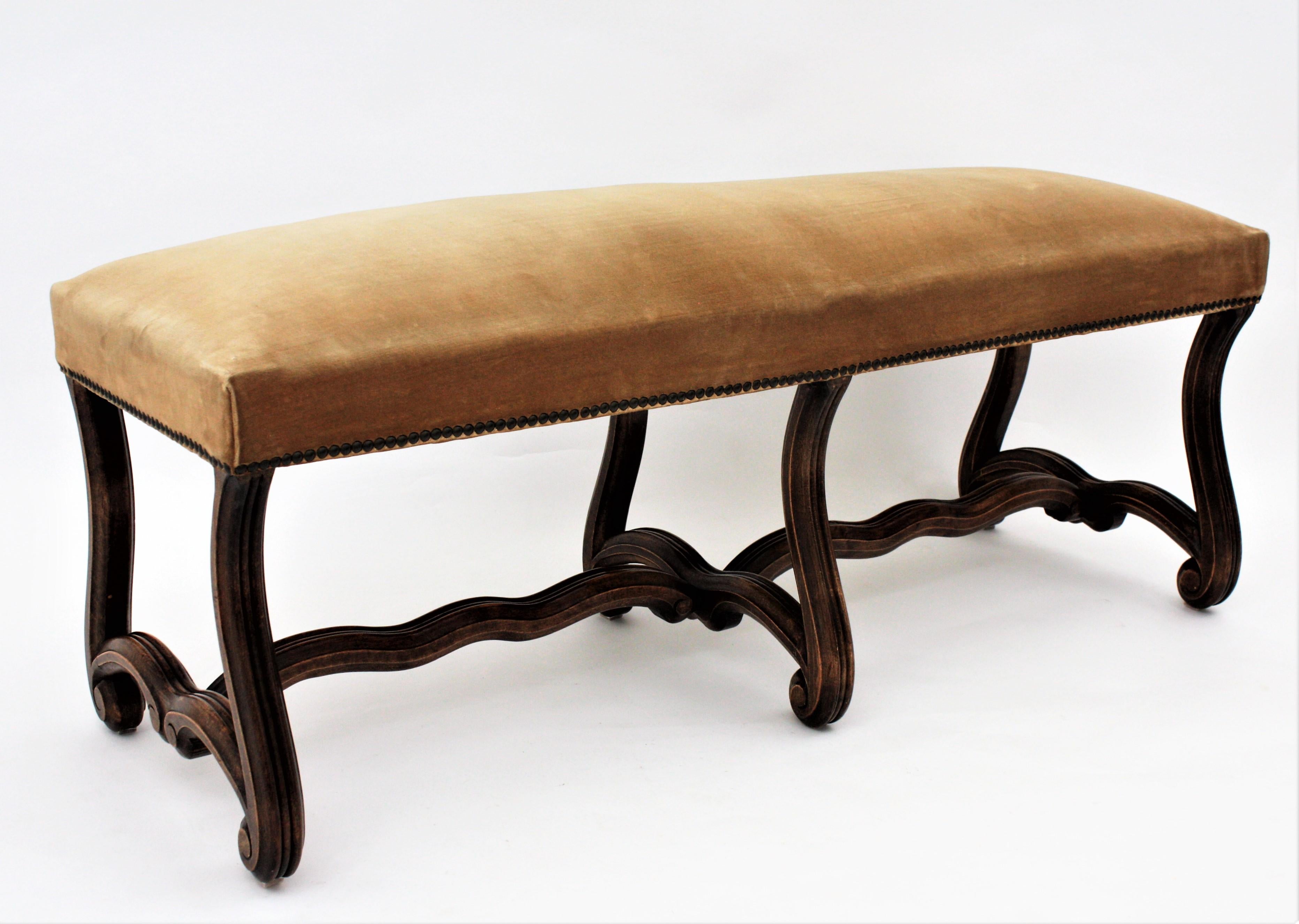 Hand-Carved French 1930s Louis XIV Style Os de Mouton Legs Bench in Velvet Upholstery